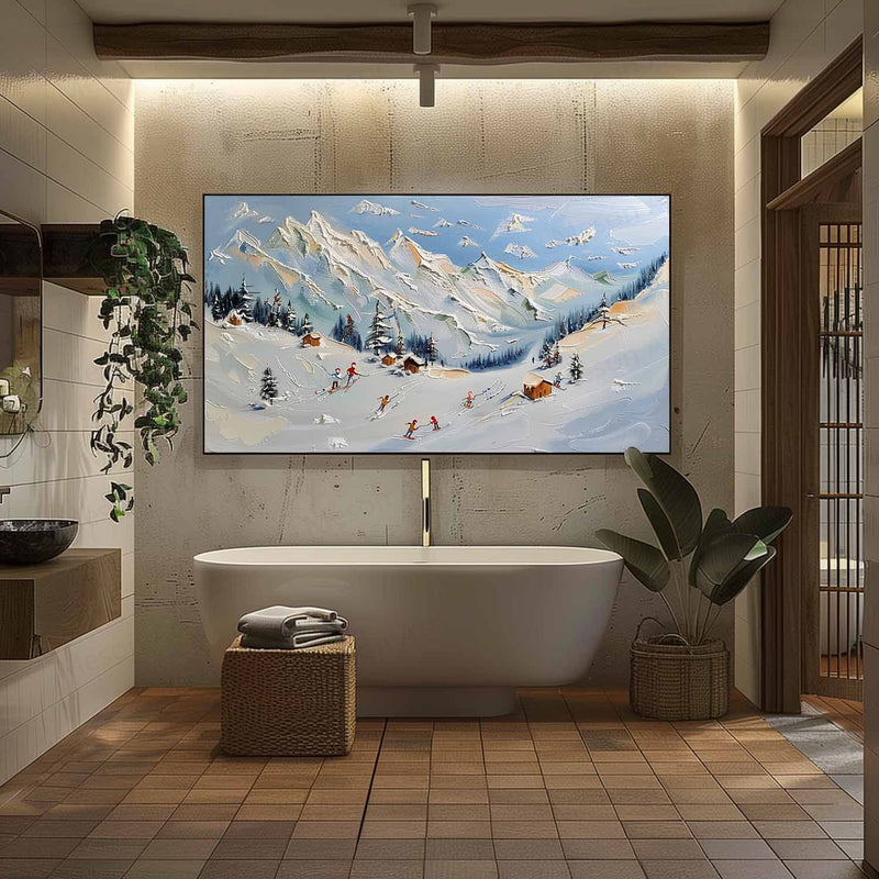 Large Snow Mountain Resort Landscape Oil Painting Snow Mountain Resort Canvas Wall Art Decoration