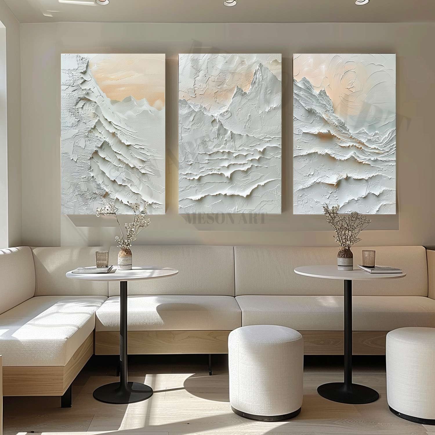 Large 3D Snow Mountain Painting Set of 3 for Sale White Alabaster Texture Painting on Canvas