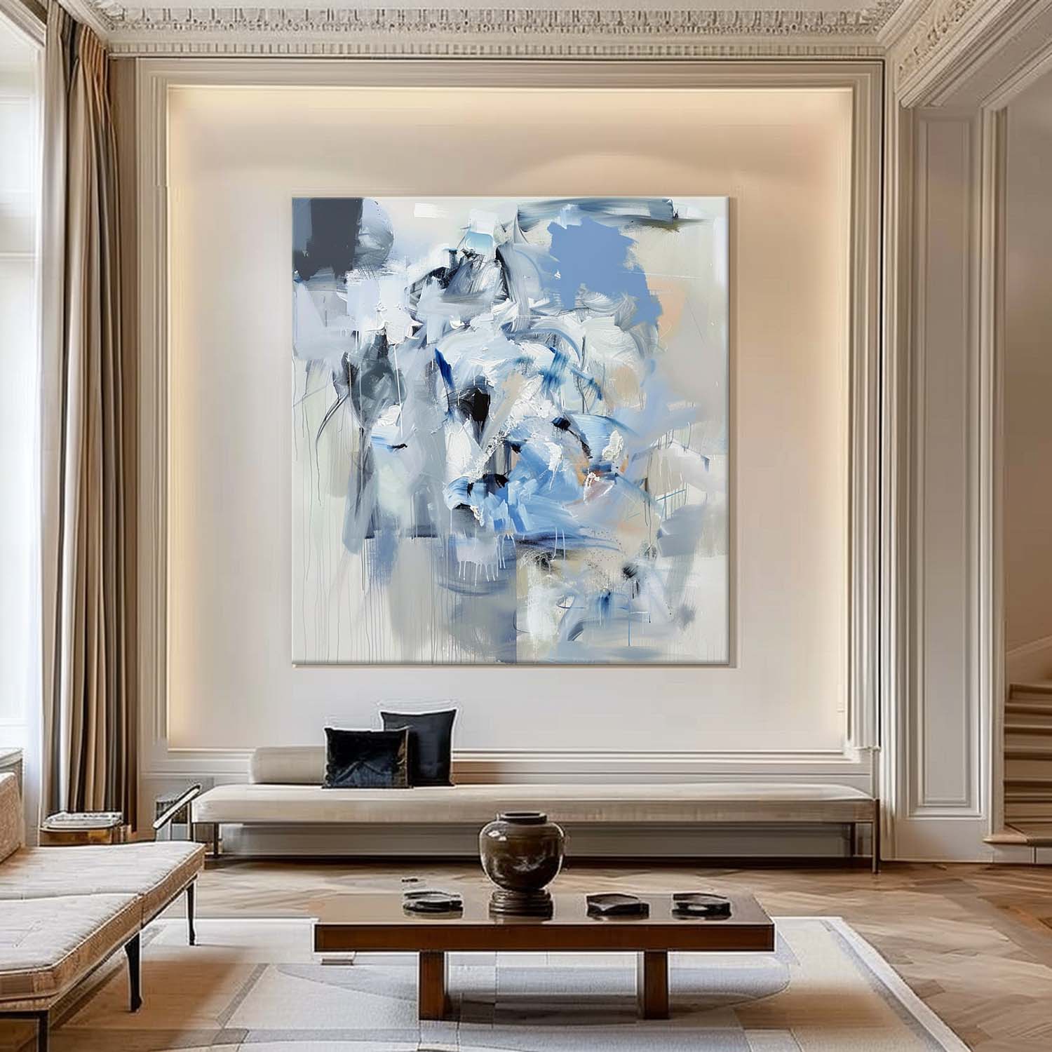 Contemporary Beige and Blue Texture Painting Beige and Blue Modern Abstract Canvas Art for Sale