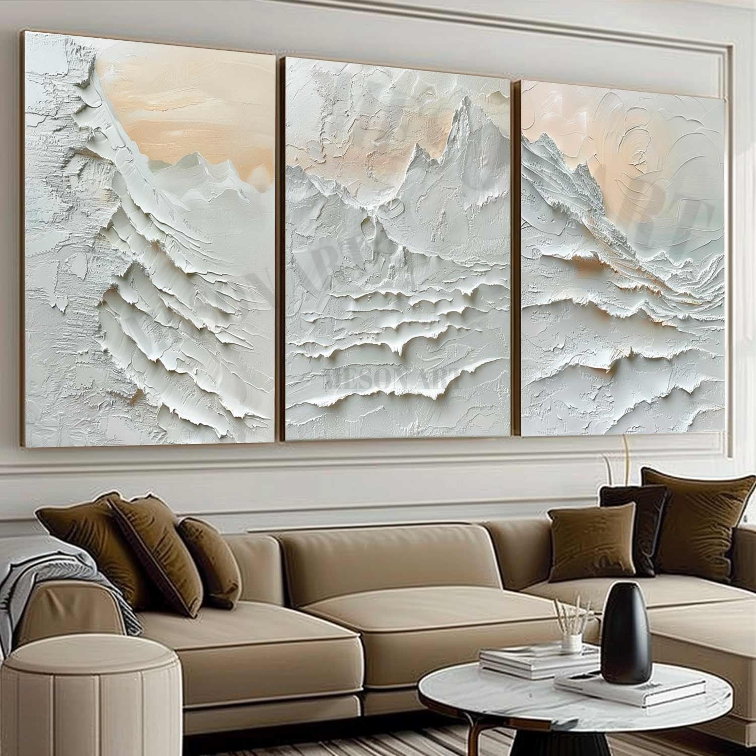 Large 3D Snow Mountain Painting Set of 3 for Sale White Alabaster Texture Painting on Canvas