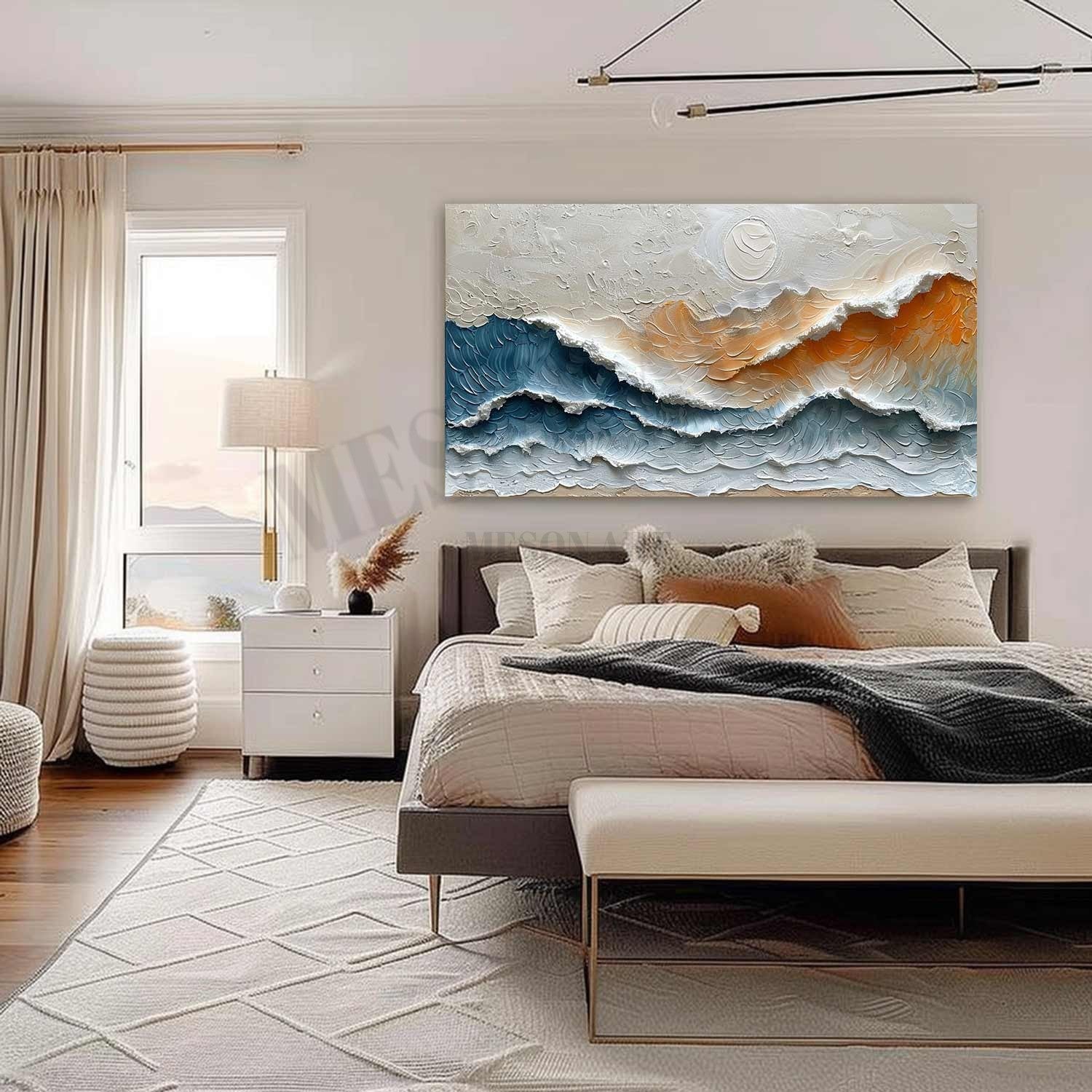 Large 3D Sunrise Sea Texture Painting on Canvas Sunrise Waves Texture Wall Art Blue and Orange Sea Painting