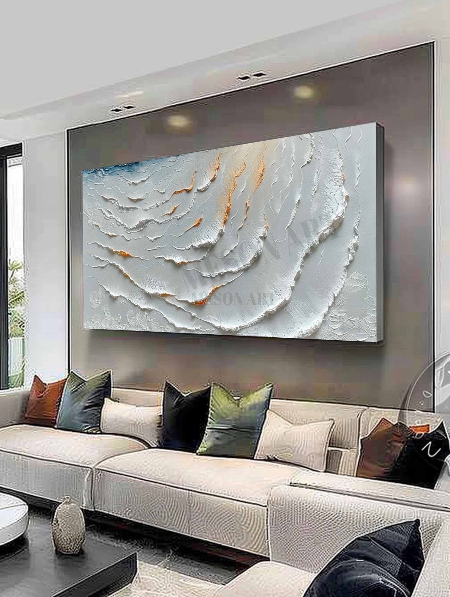 Large 3D White Ocean Wave Texture Painting White Ocean Wave Canvas Wall Art White Plaster Texture Painting