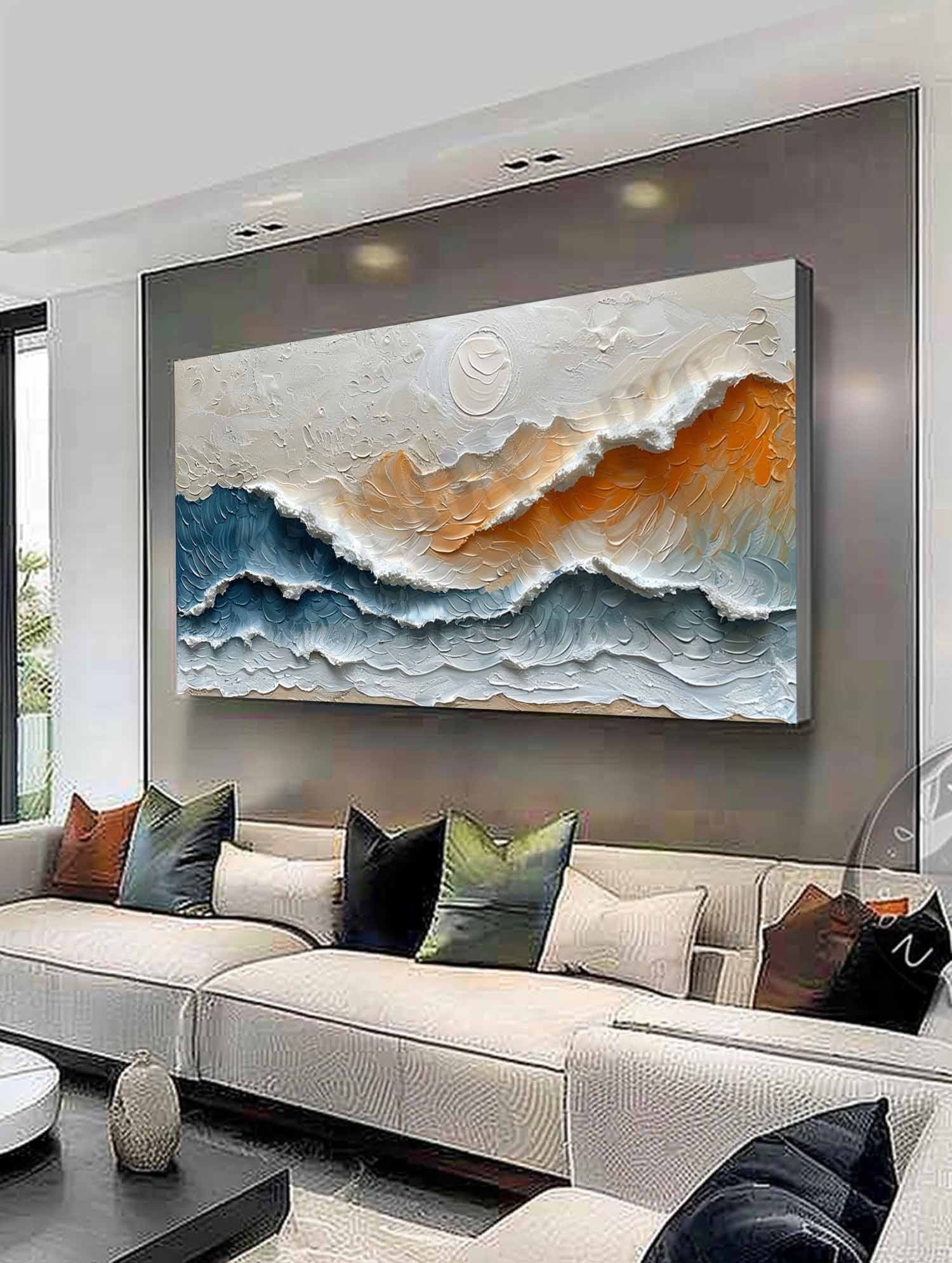 Large 3D Sunrise Sea Texture Painting on Canvas Sunrise Waves Texture Wall Art Blue and Orange Sea Painting