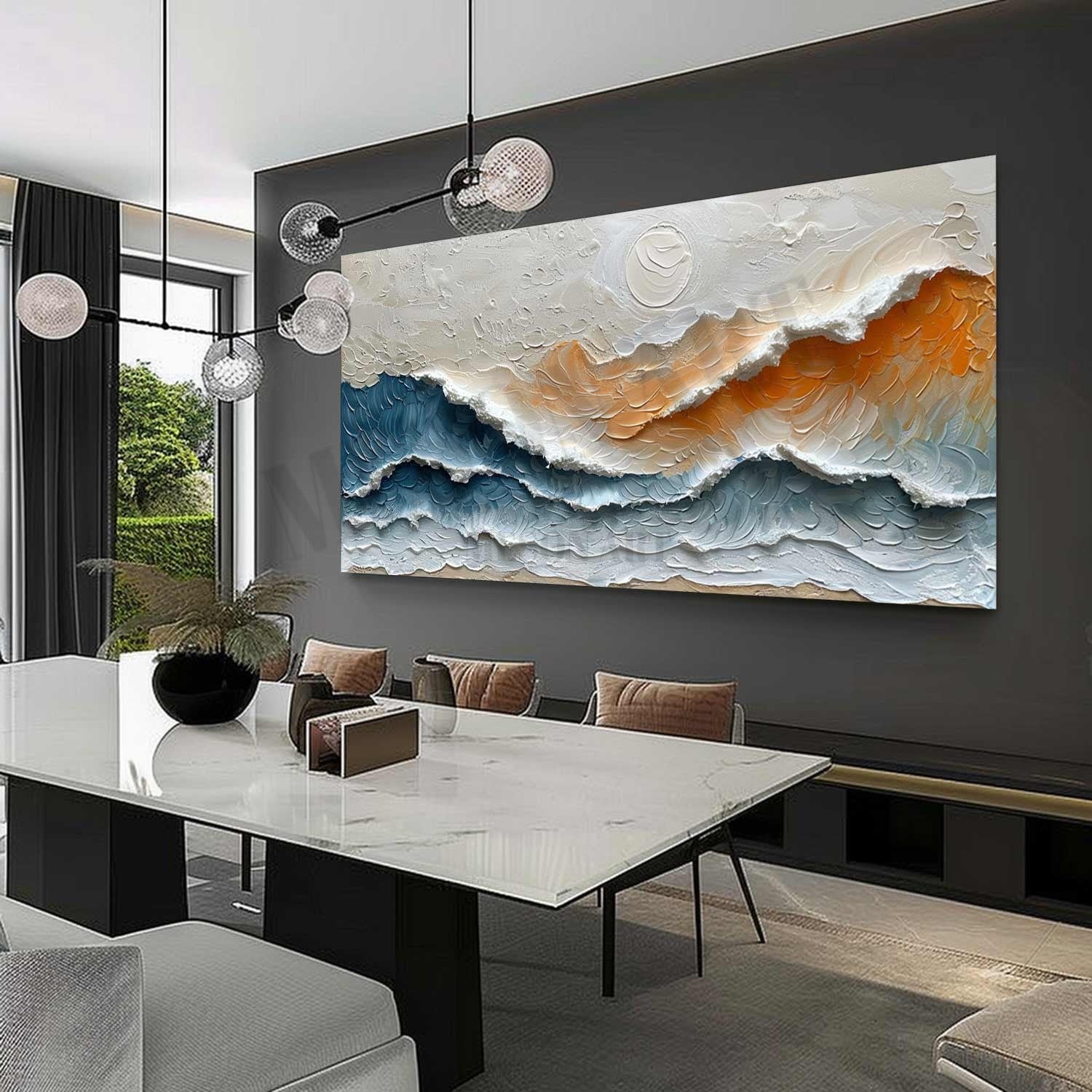 Large 3D Sunrise Sea Texture Painting on Canvas Sunrise Waves Texture Wall Art Blue and Orange Sea Painting