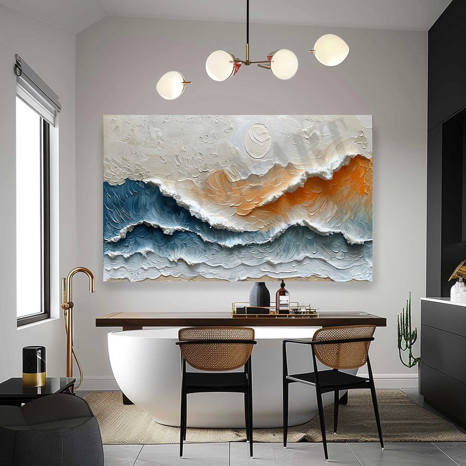 Large 3D Sunrise Sea Texture Painting on Canvas Sunrise Waves Texture Wall Art Blue and Orange Sea Painting