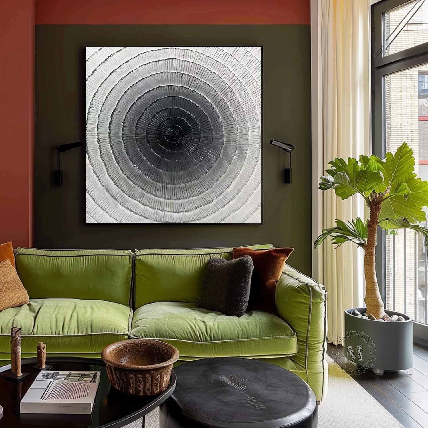 Black and White Circular Plaster Art Black and White Plaster Texture Painting Circular Wall Art for Sale