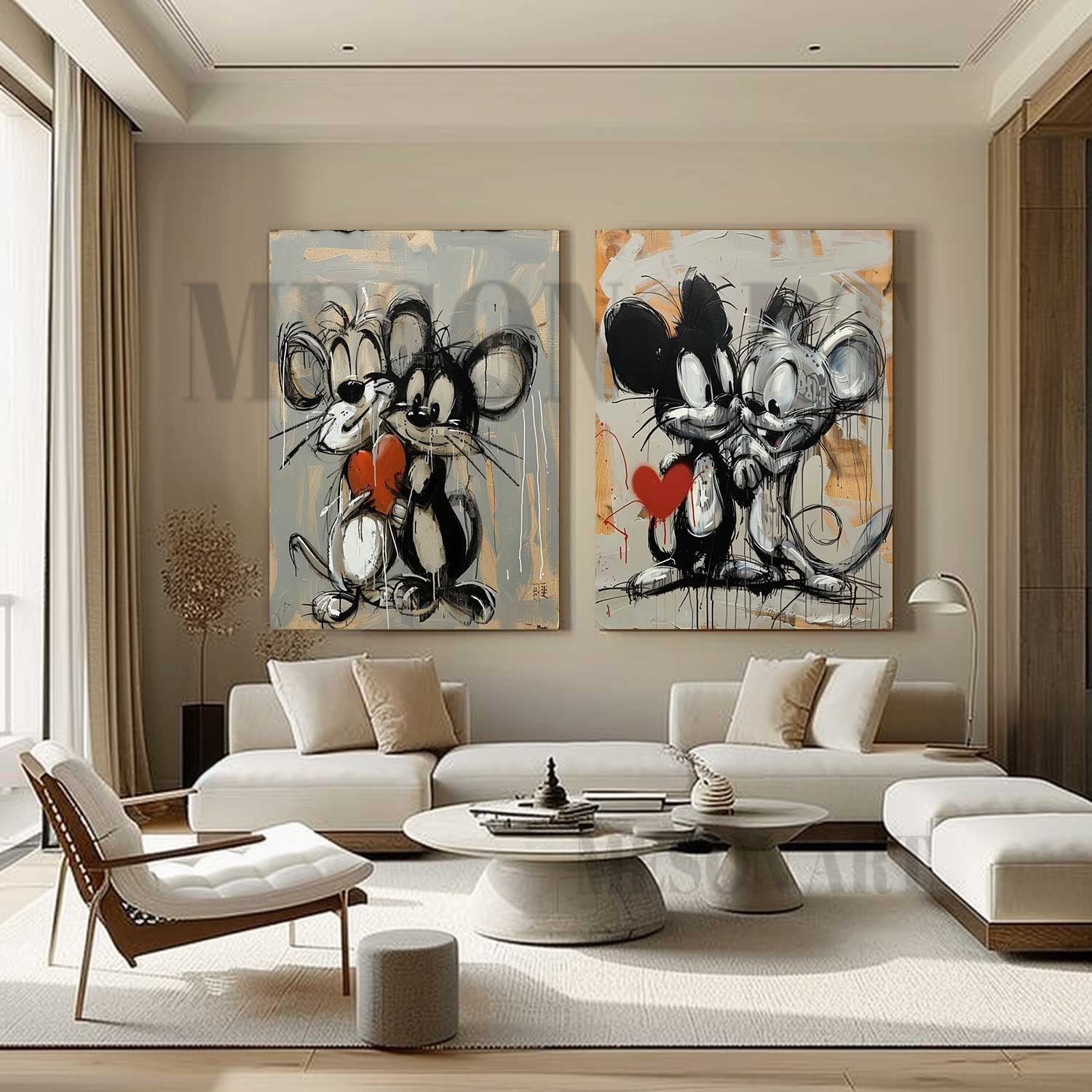 Mickey Mouse Graffiti Canvas Art Set of 2 Mickey Mouse Wall Art Mickey Mouse Graffiti Cartoon Painting Set of 2