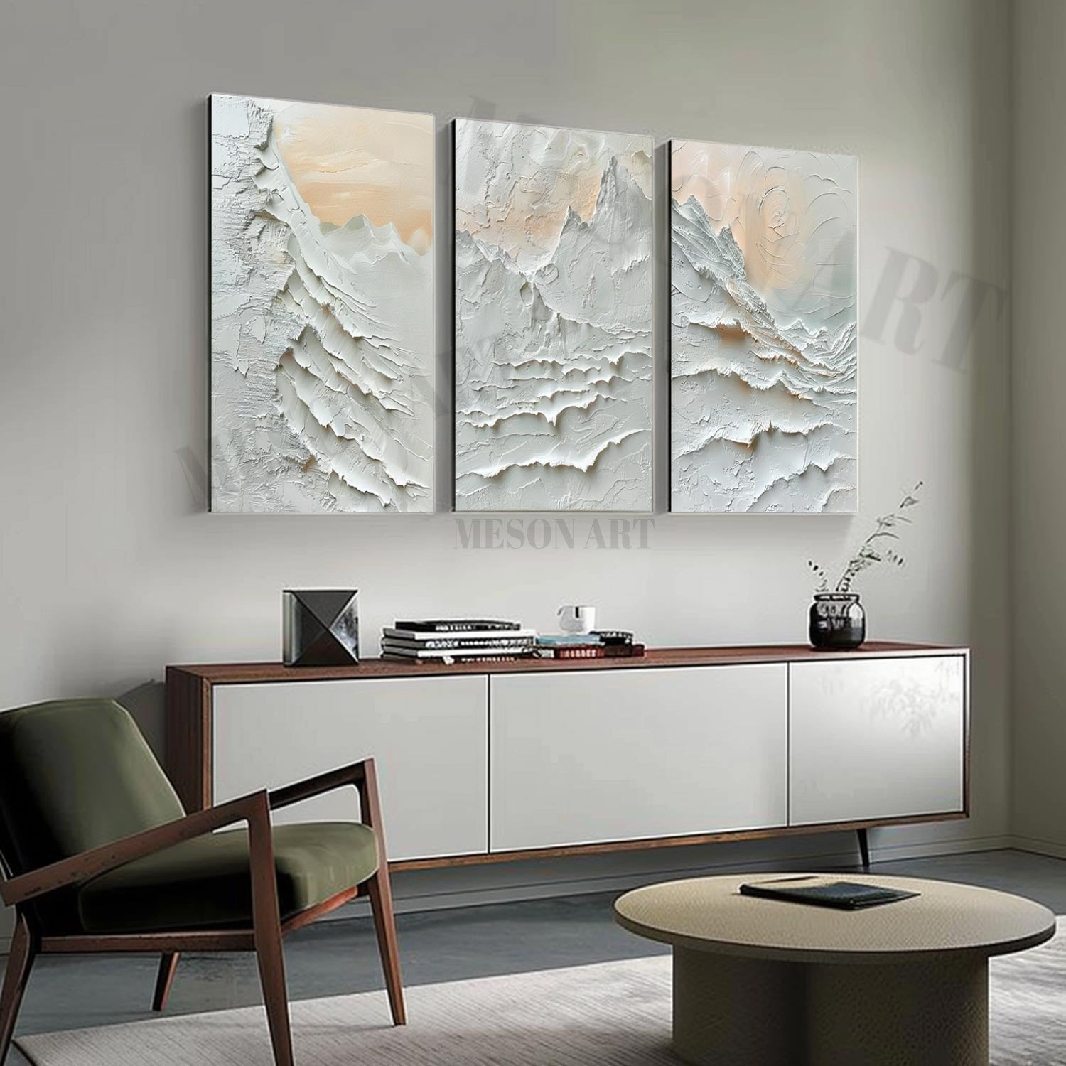 Large 3D Snow Mountain Painting Set of 3 for Sale White Alabaster Texture Painting on Canvas