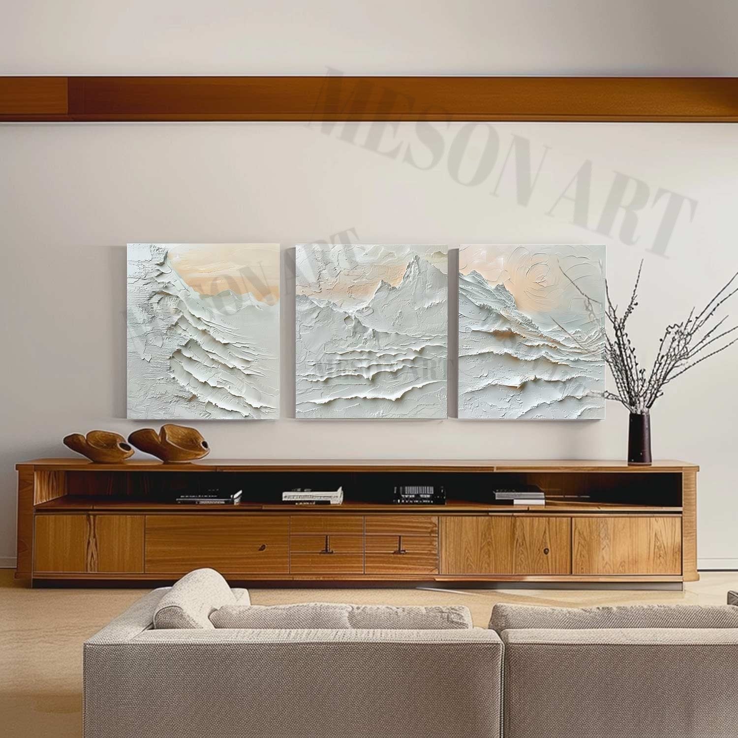 Large 3D Snow Mountain Painting Set of 3 for Sale White Alabaster Texture Painting on Canvas