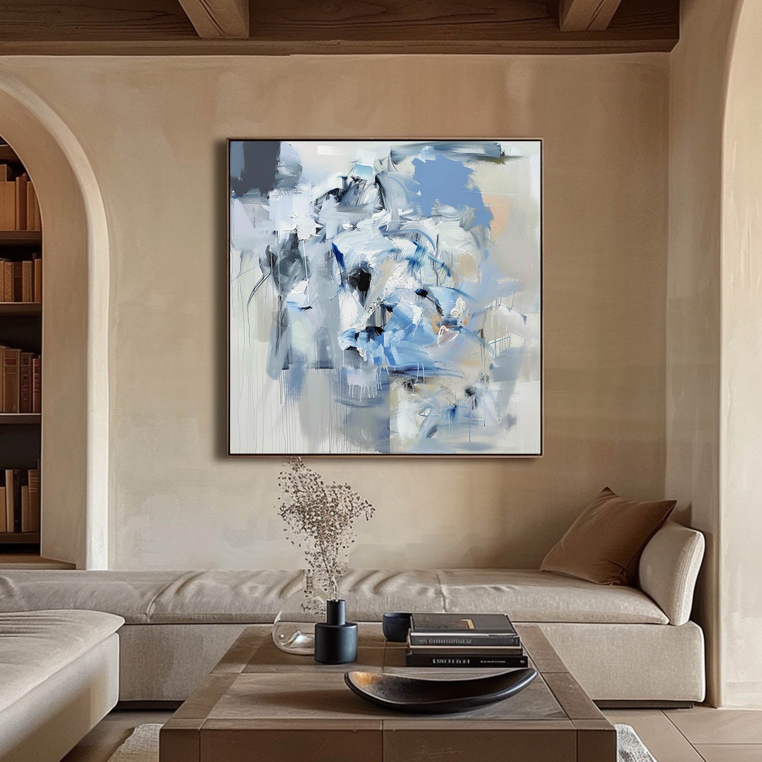 Contemporary Beige and Blue Texture Painting Beige and Blue Modern Abstract Canvas Art for Sale