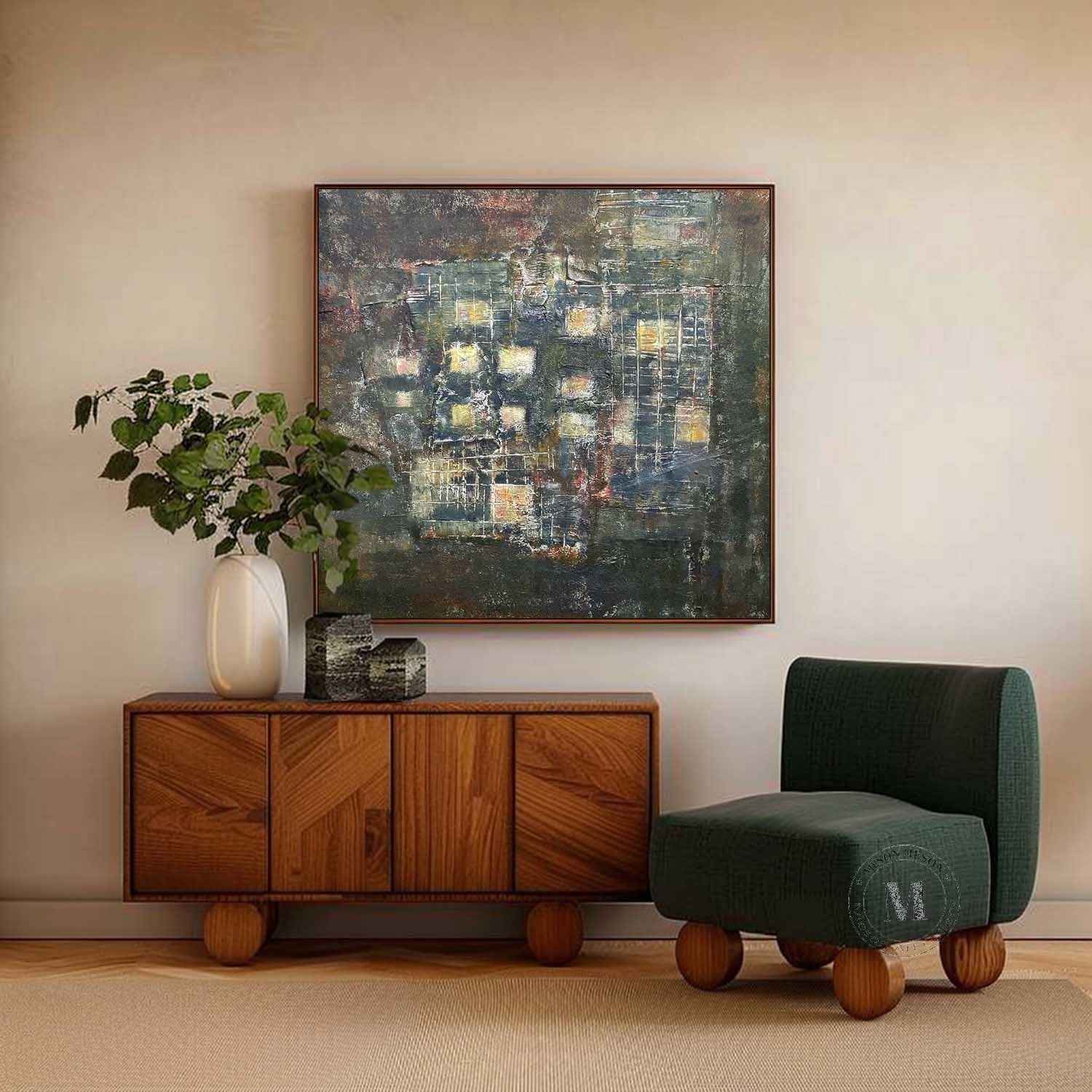 Large Dark Green Minimalist Painting for Sale Wabi-Sabi Wall Art Dark Green Texture Abstract Art