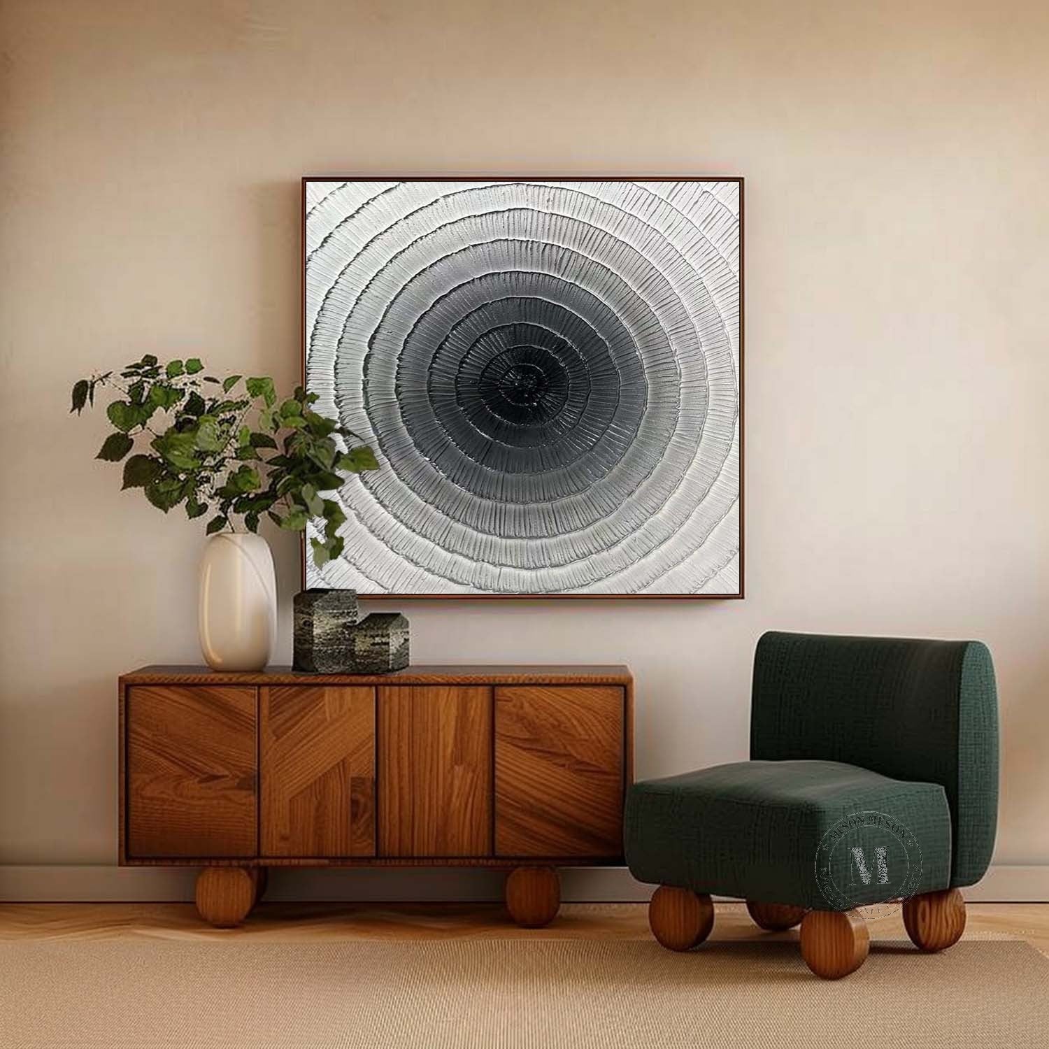 Black and White Circular Plaster Art Black and White Plaster Texture Painting Circular Wall Art for Sale