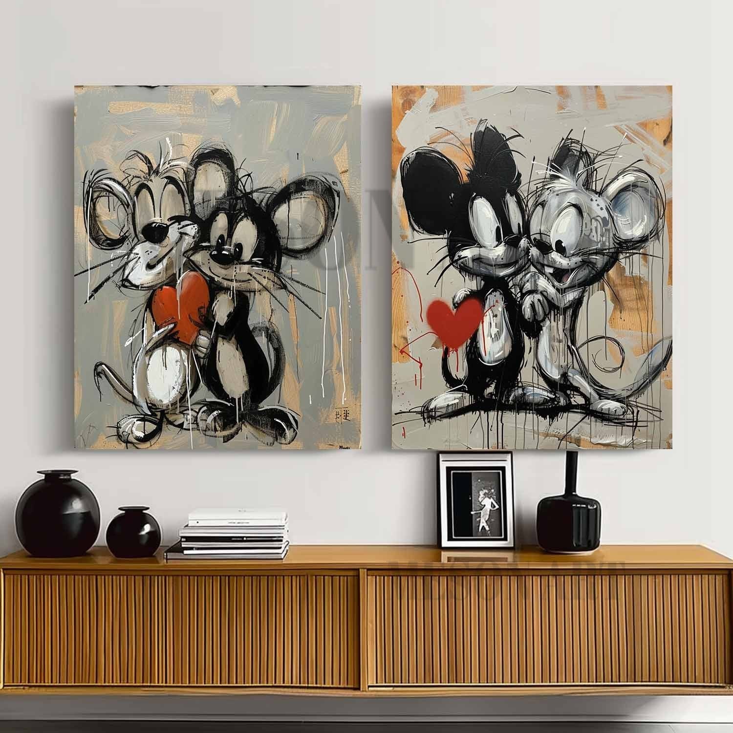 Mickey Mouse Graffiti Canvas Art Set of 2 Mickey Mouse Wall Art Mickey Mouse Graffiti Cartoon Painting Set of 2