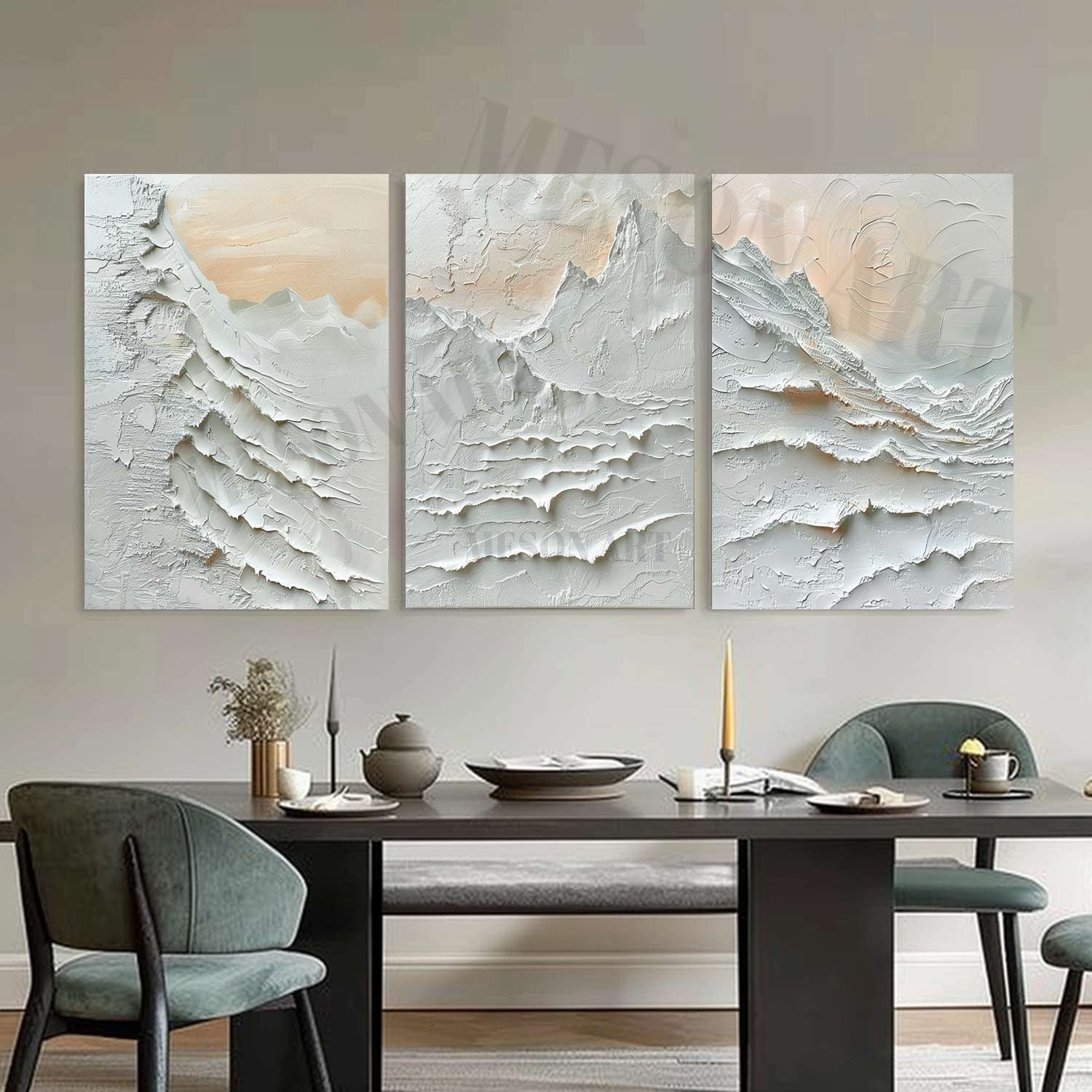 Large 3D Snow Mountain Painting Set of 3 for Sale White Alabaster Texture Painting on Canvas