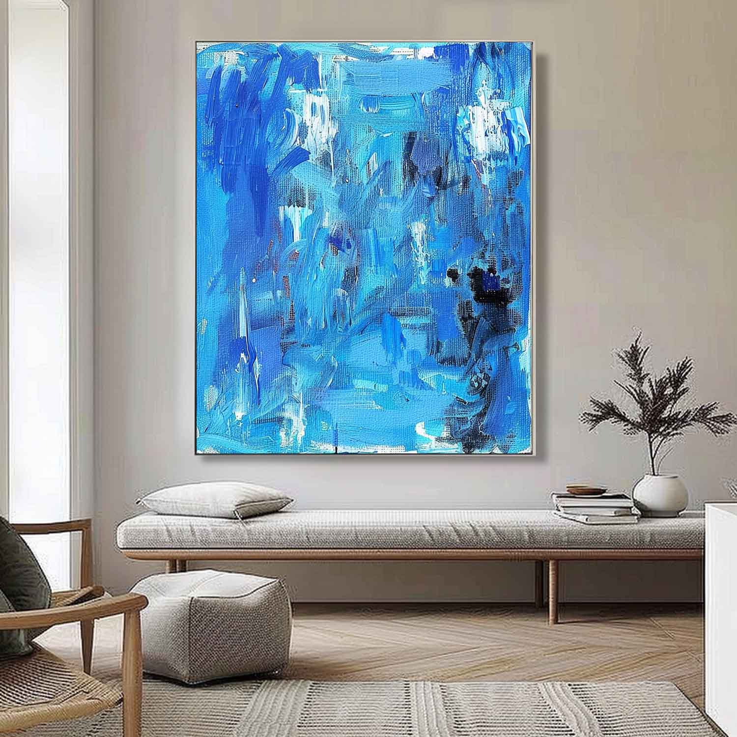 Large Blue Texture Painting Blue Abstract Art Canvas Blue Wall Decor Hanging Painting