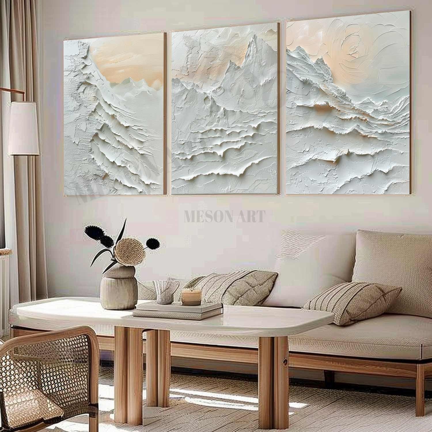 Large 3D Snow Mountain Painting Set of 3 for Sale White Alabaster Texture Painting on Canvas