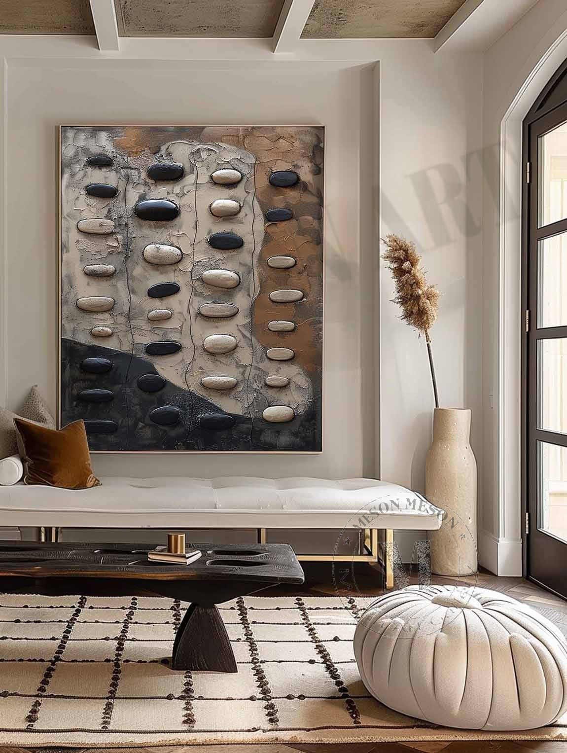 Large 3D Black and White Texture Painting Wabi-Sabi Wall Art Black and White Abstract Art for Sale