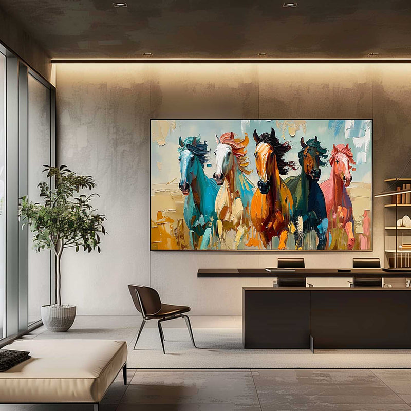 Large Colorful Running Horses Oil Painting for Sale Modern Colorful Horses Canvas Wall Art Decor