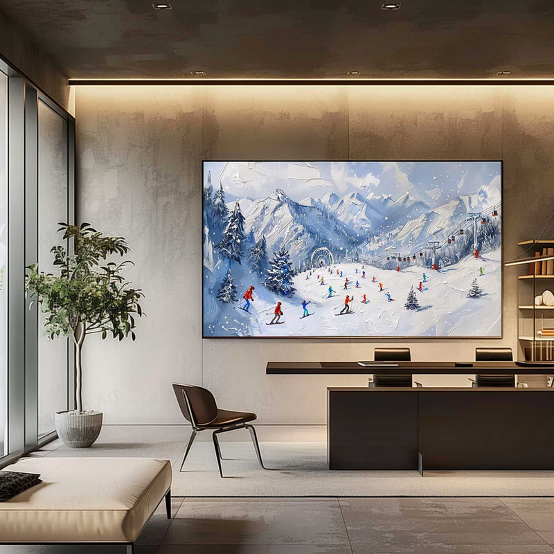 Large 3D Ski Resort Skier Texture Painting for Sale White Snow Mountain Ski Resort Skier Canvas Wall Art Decor