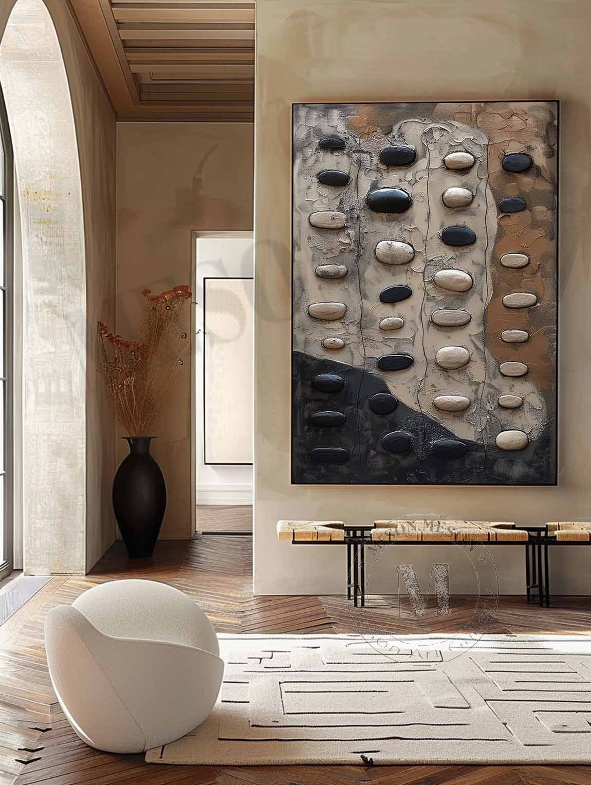 Large 3D Black and White Texture Painting Wabi-Sabi Wall Art Black and White Abstract Art for Sale