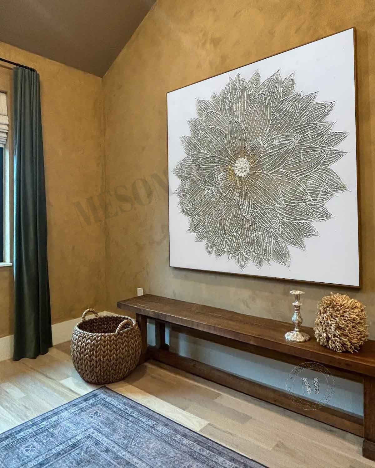 White flower plaster art canvas White flower plaster texture painting White flower wall art for sale