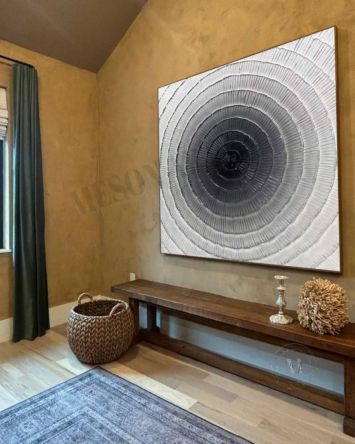 Black and White Circular Plaster Art Black and White Plaster Texture Painting Circular Wall Art for Sale