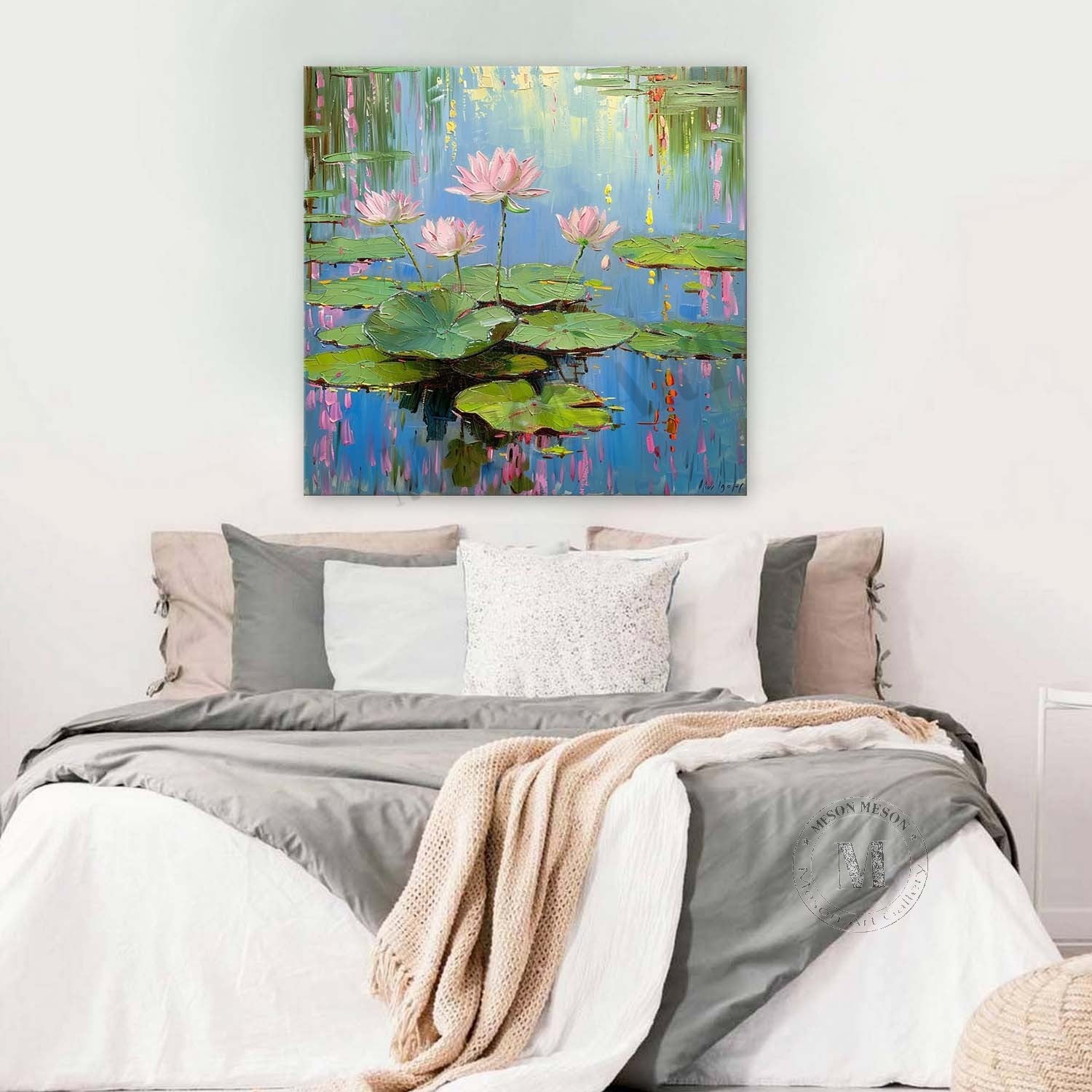 44*44 Monet Lotus Oil Painting for Sale Monet Lotus Artwork Green Monet Lotus Canvas Wall Art