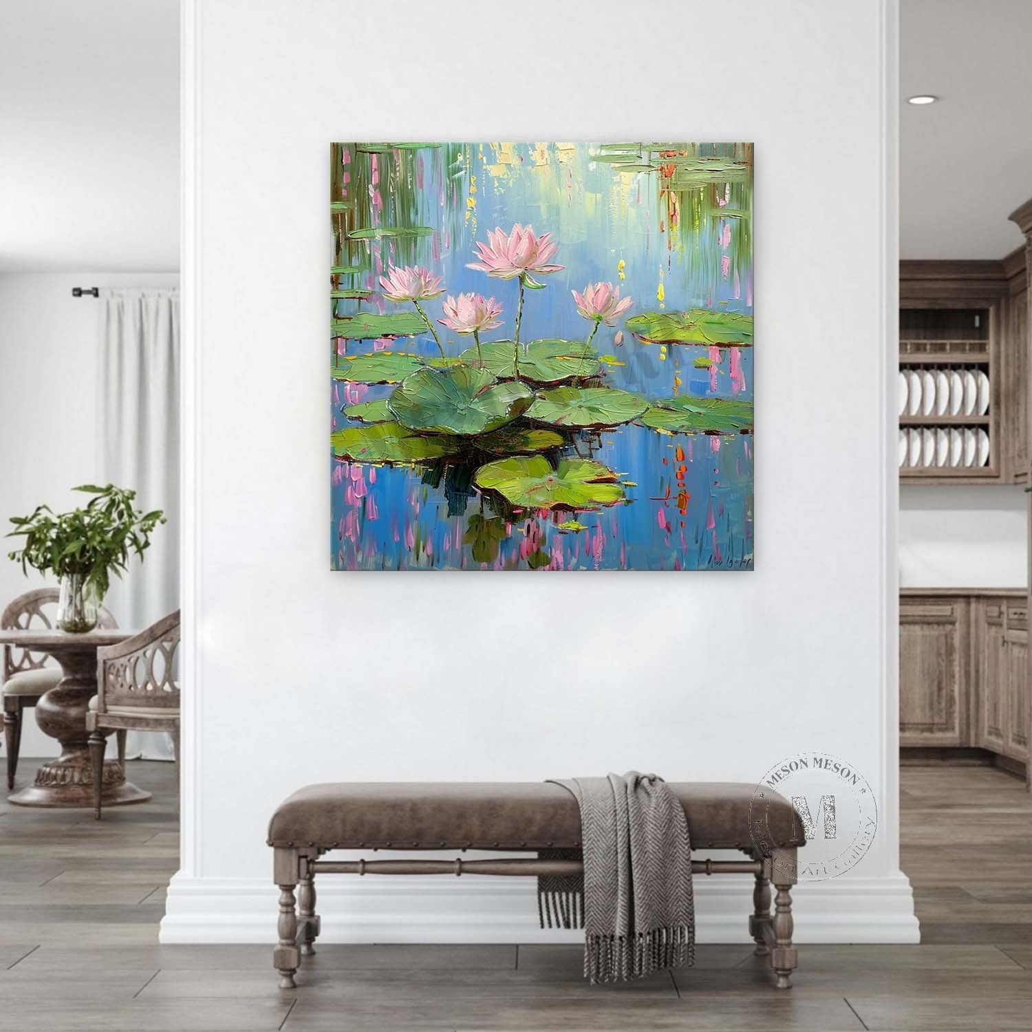 44*44 Monet Lotus Oil Painting for Sale Monet Lotus Artwork Green Monet Lotus Canvas Wall Art