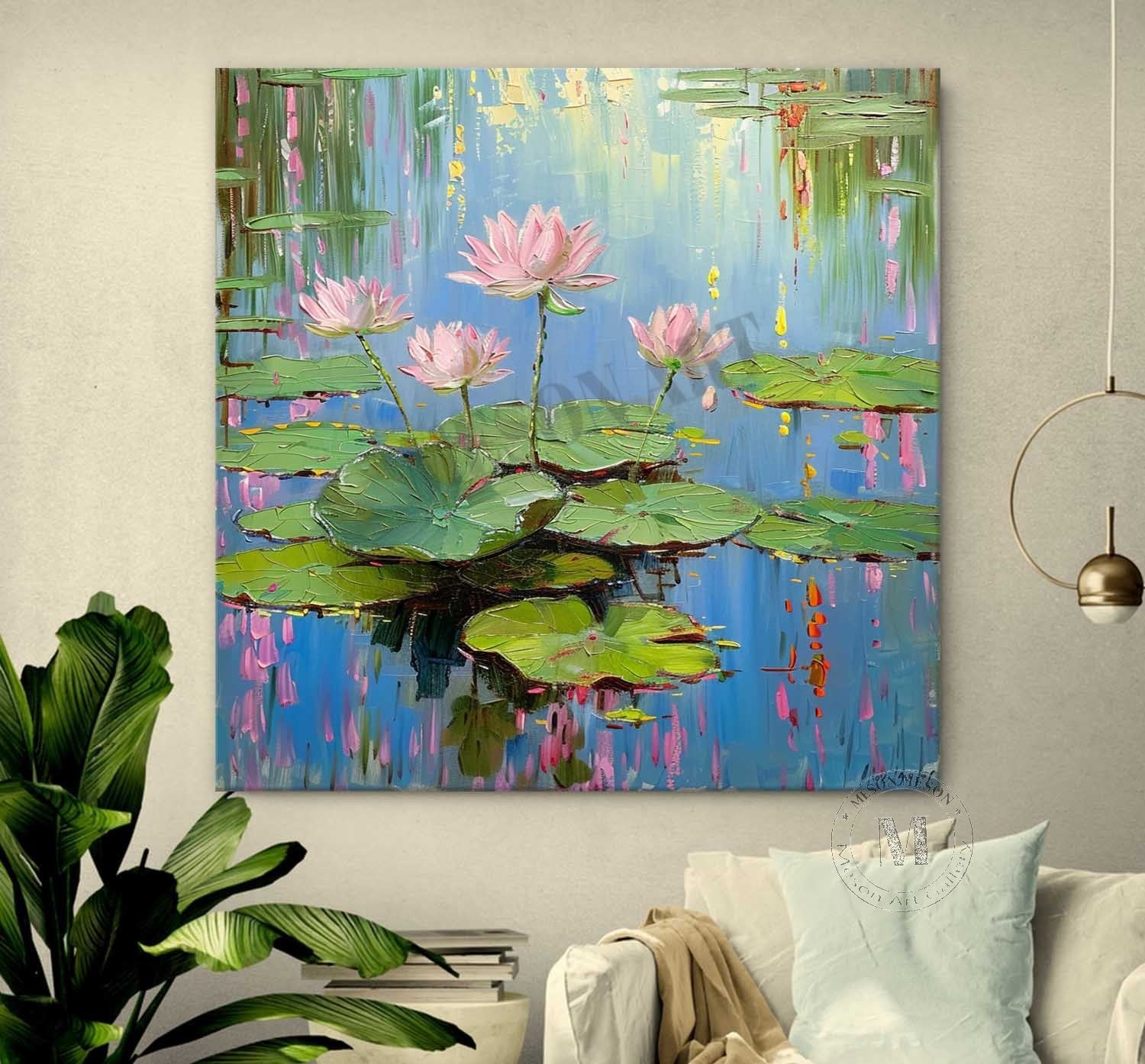 44*44 Monet Lotus Oil Painting for Sale Monet Lotus Artwork Green Monet Lotus Canvas Wall Art