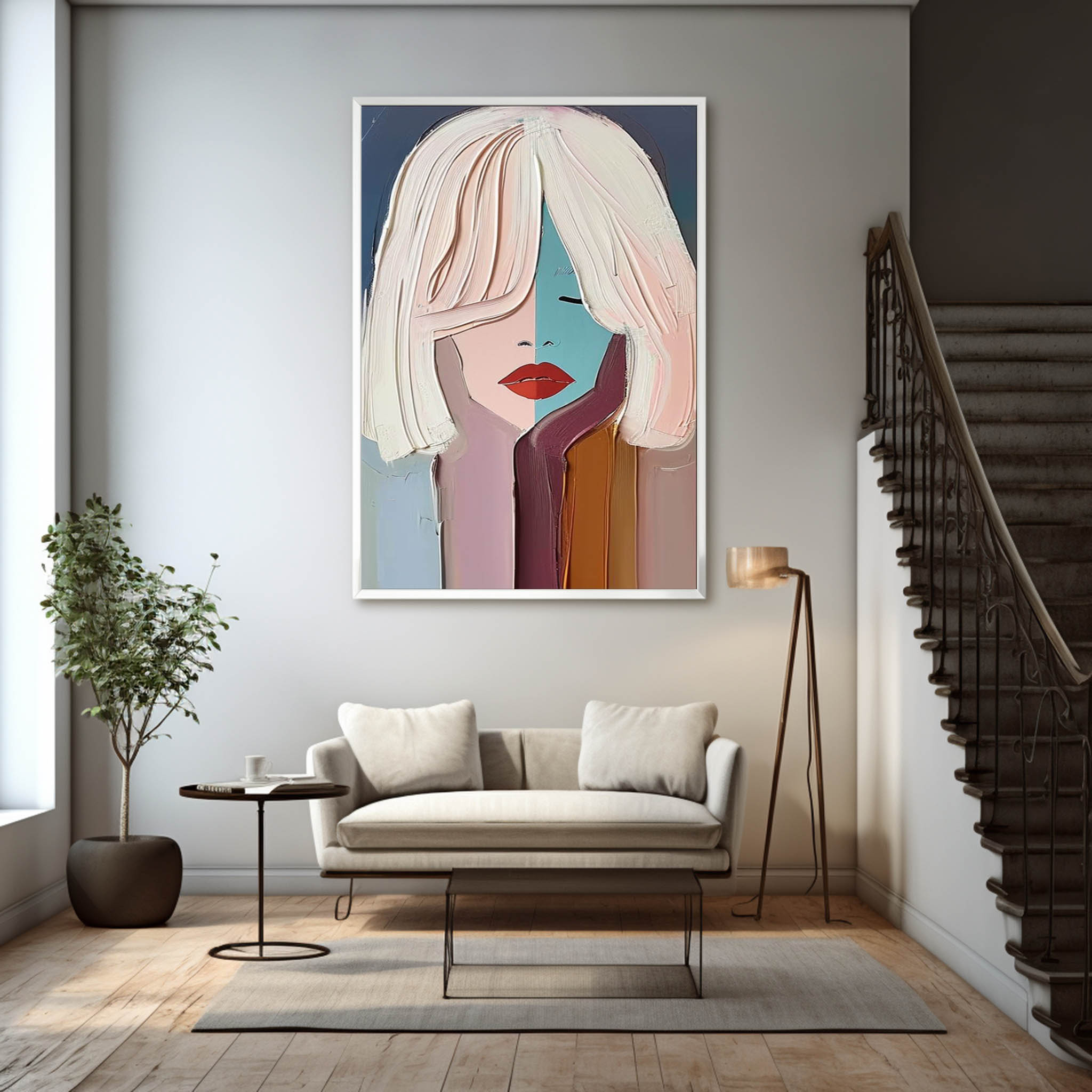 Large Pretty Girl Abstract Wall Art Pretty Lady Textured Painting Colorful Beautiful Girl Canvas Art