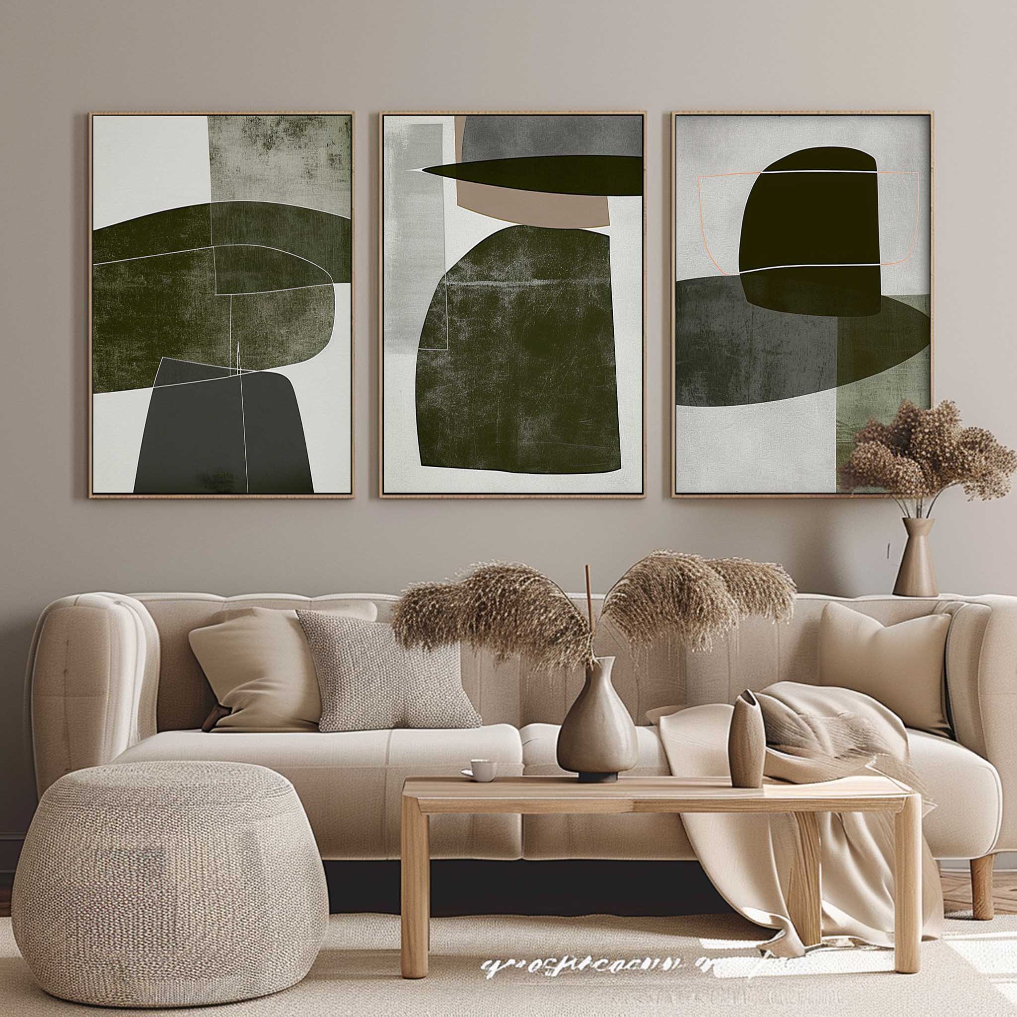 Green and White Minimalist Art 3-piece Set Wabi-Sabi Wall Art Green and White Canvas Oil Painting