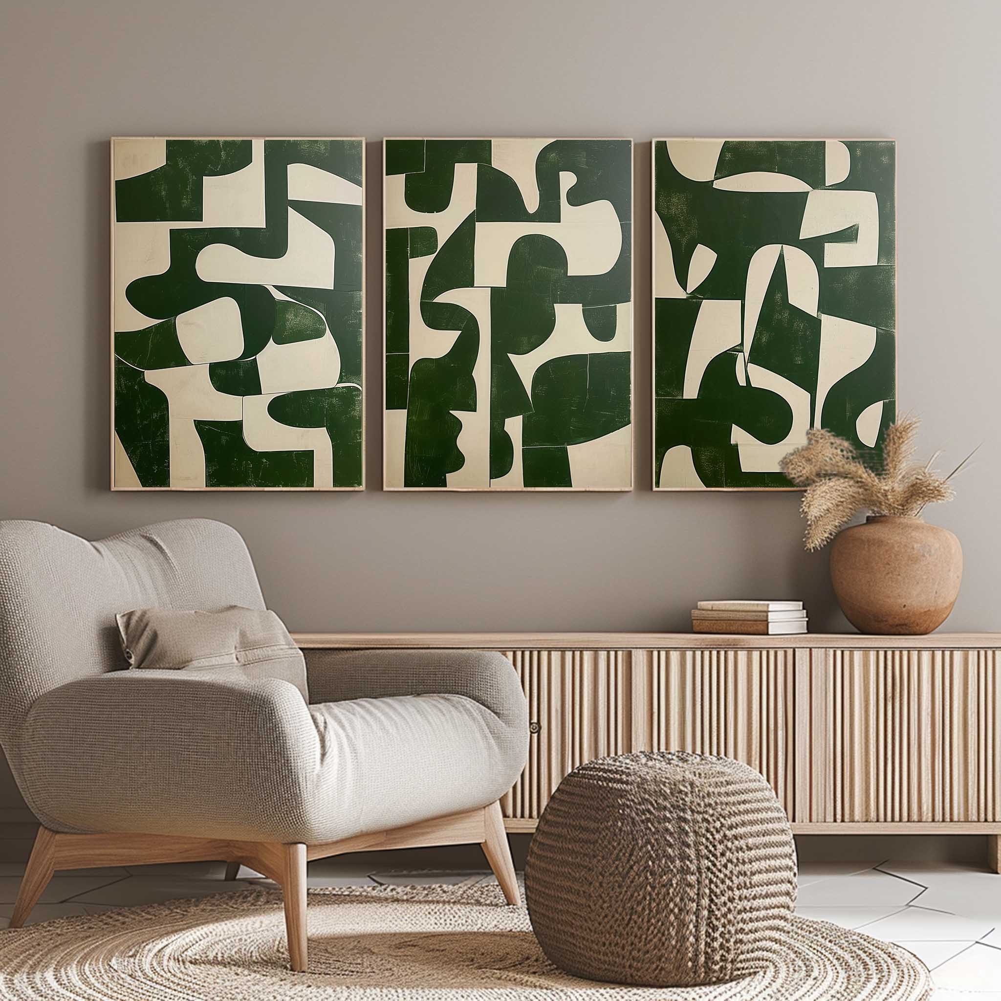 Green and Beige Minimalist Art 3 Piece Set Wabi-Sabi Wall Art Green and Beige Canvas Oil Paintings