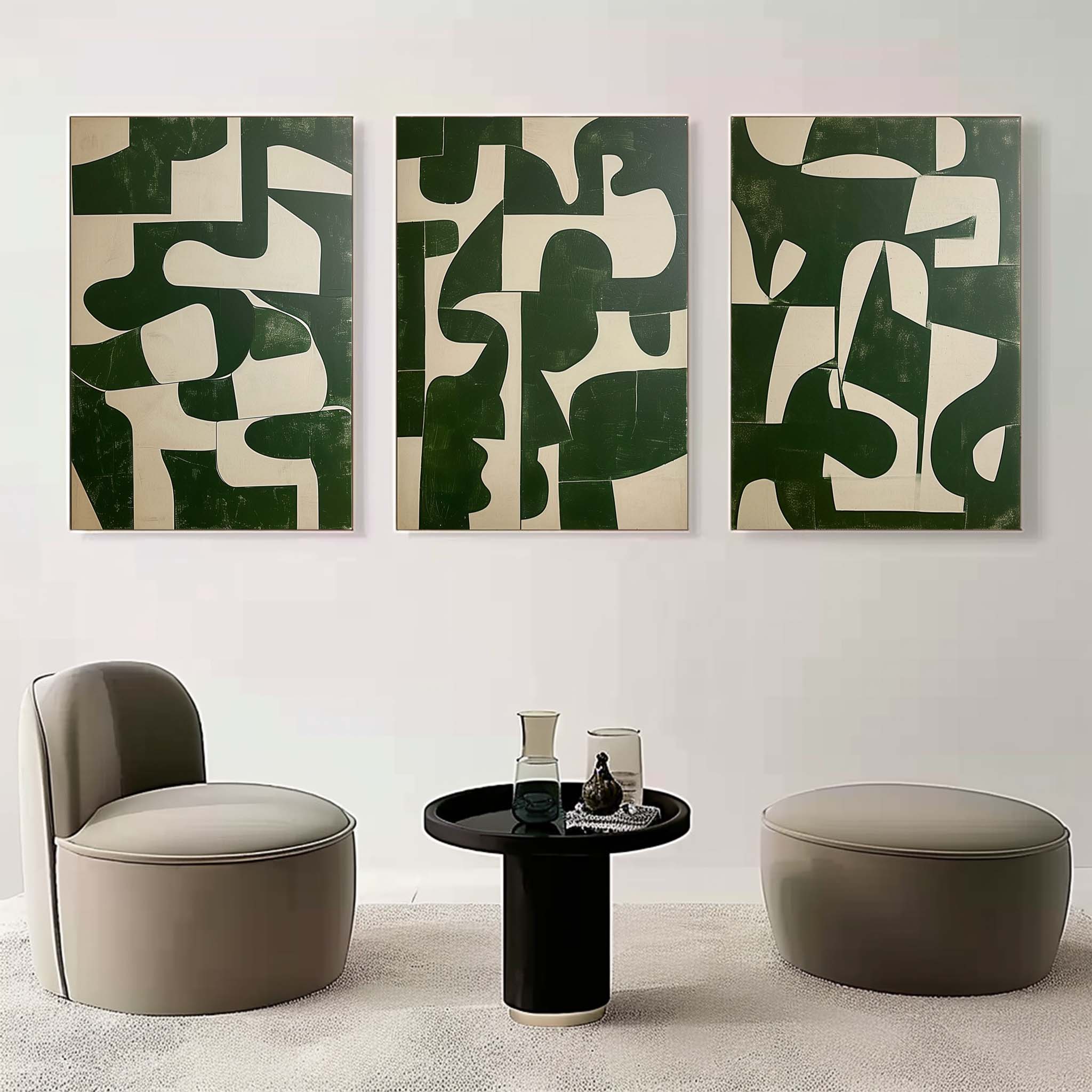 Green and Beige Minimalist Art 3 Piece Set Wabi-Sabi Wall Art Green and Beige Canvas Oil Paintings