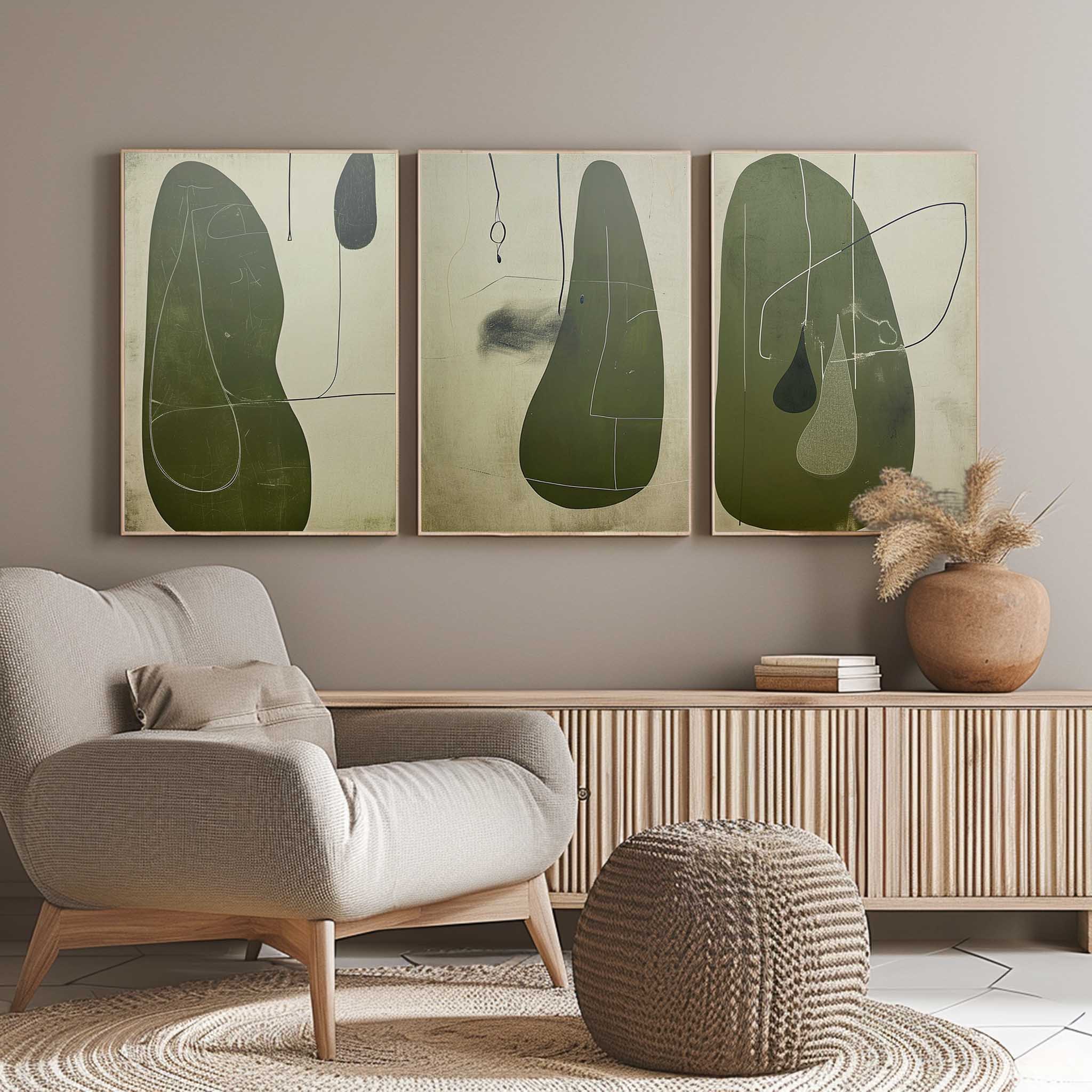 Green Contemporary Minimalist Art 3 Piece Set Wabi-Sabi Wall Art Green Abstract Canvas Art Set of 3