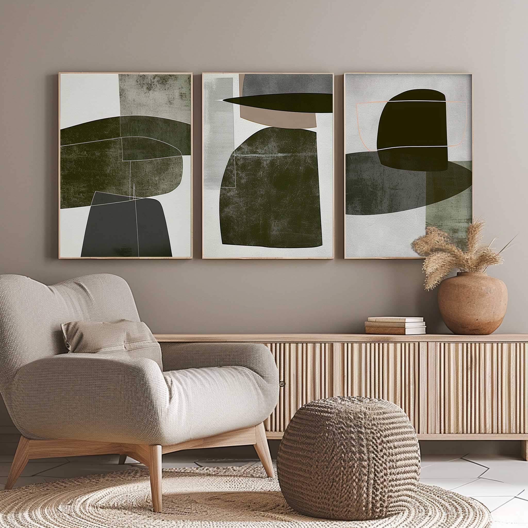 Green and White Minimalist Art 3-piece Set Wabi-Sabi Wall Art Green and White Canvas Oil Painting