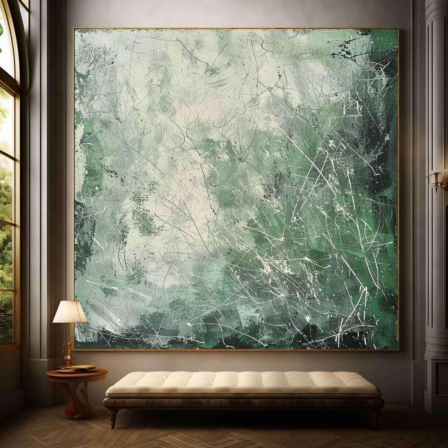 Green Contemporary Lines Wall Decor Painting Green Lines Abstract Canvas Art for Sale