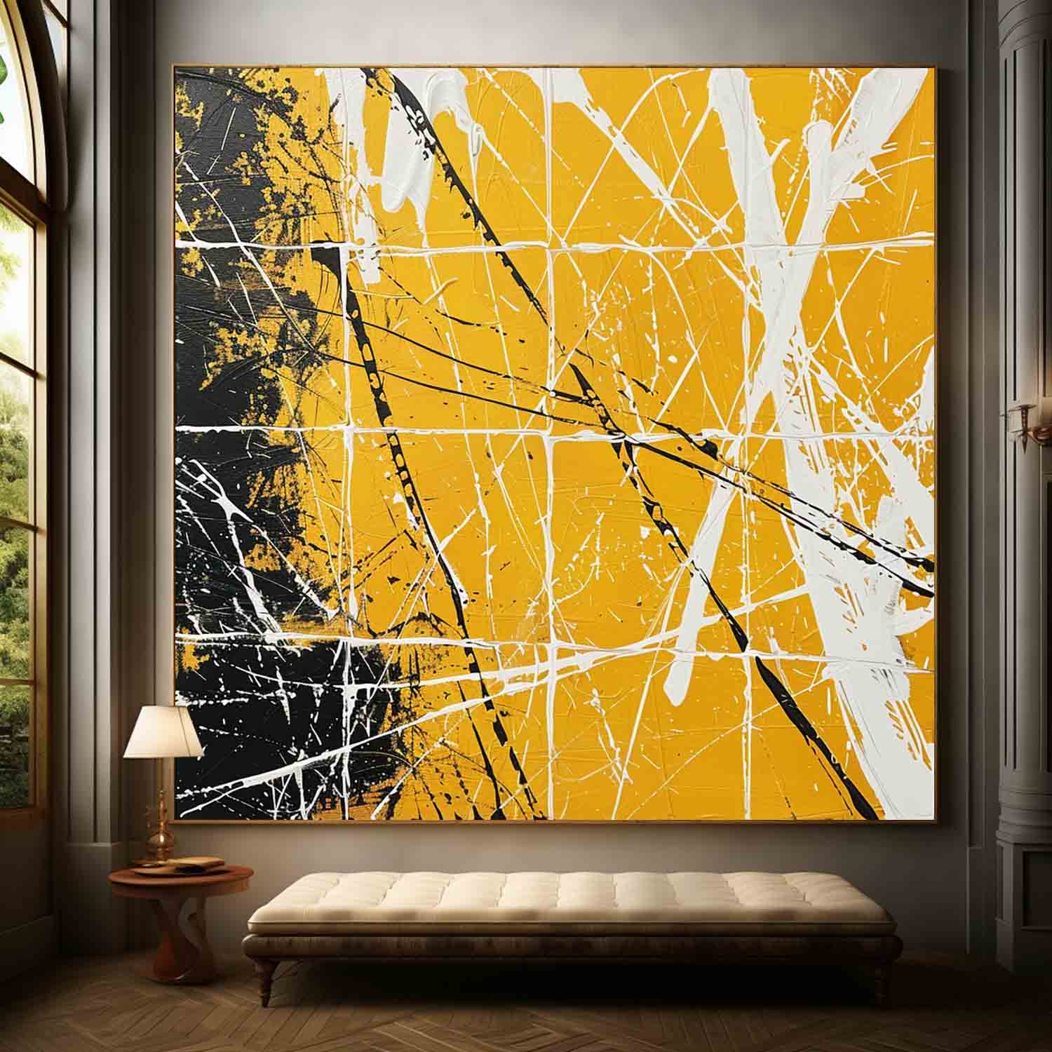 Yellow and Black Abstract Minimalist Canvas Wall Art Yellow and Black Abstract Textured Painting