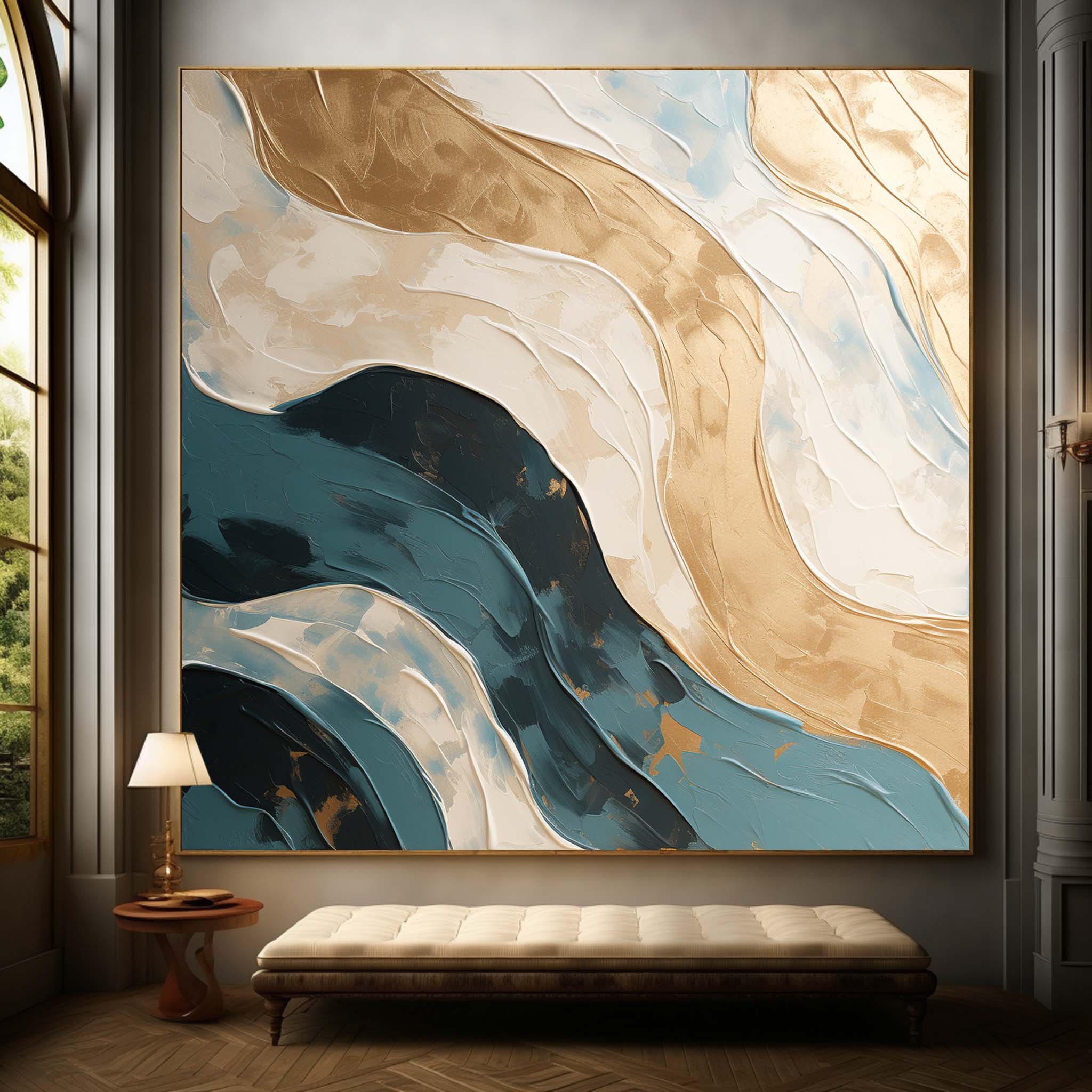 Large Gold and Blue Abstract Wall Art Gold and Blue Texture Painting Gold and Blue Wave Beach Art