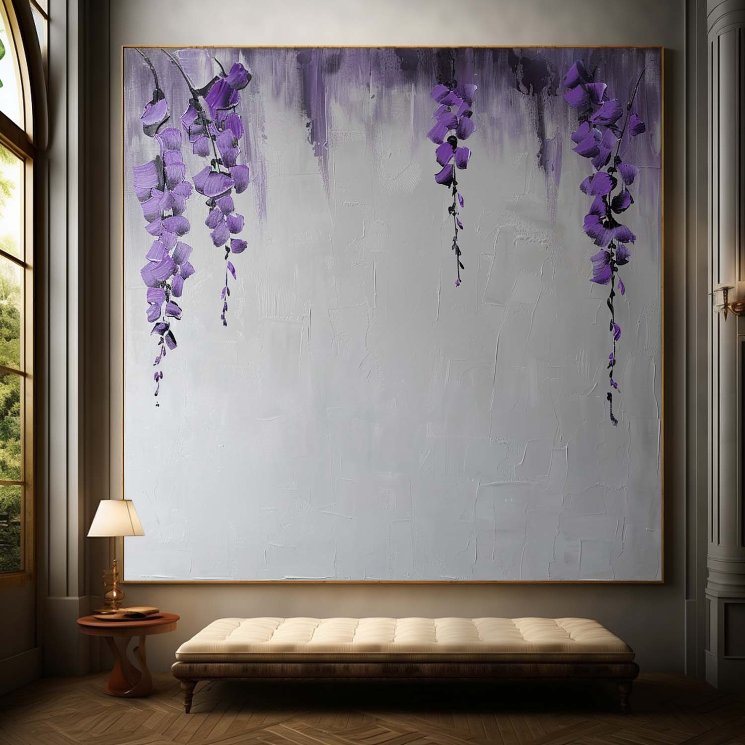 Wisteria Flower Oil Painting for Sale Purple Flowers Textured Canvas Art Purple and Gray Flower Wall Art Decor