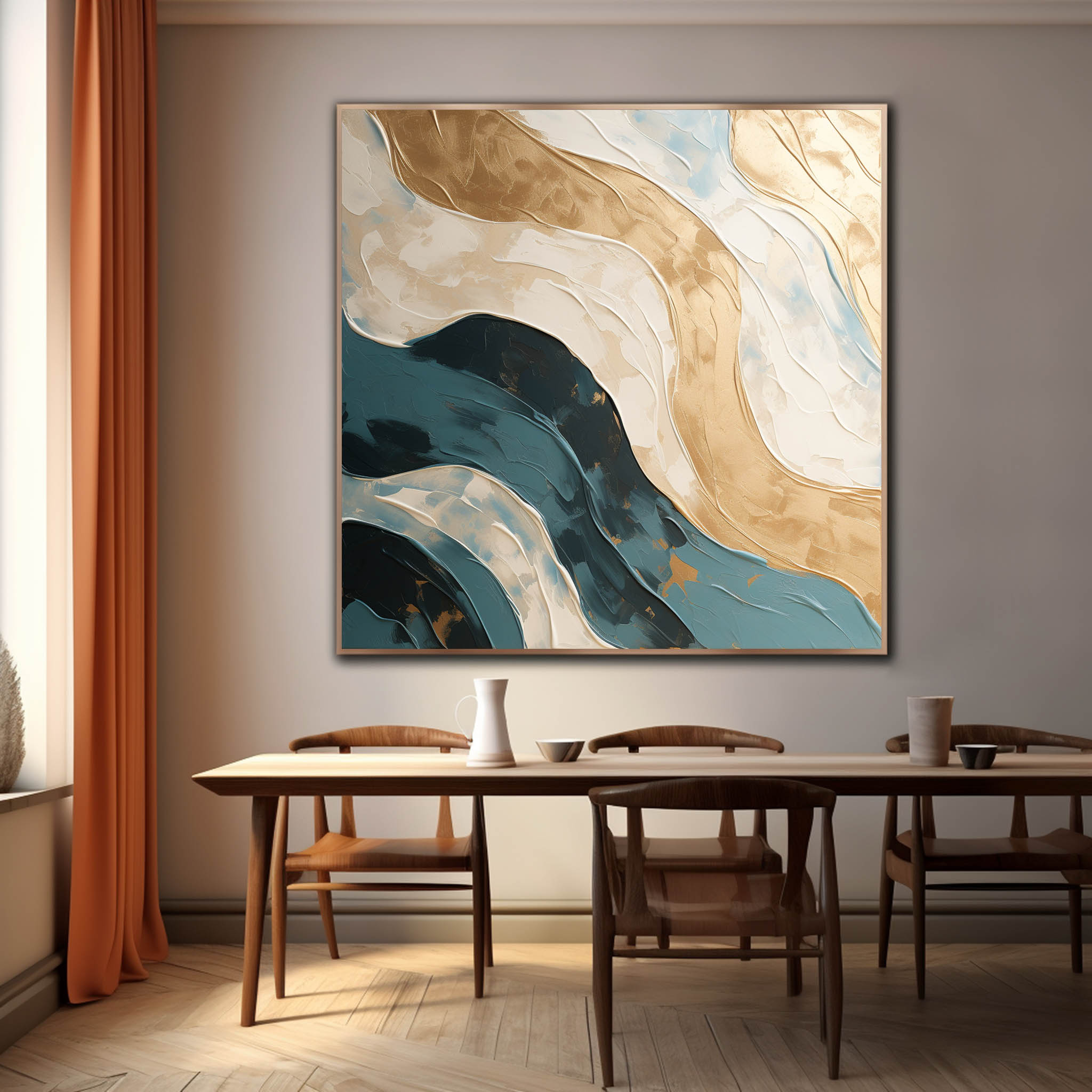 Large Gold and Blue Abstract Wall Art Gold and Blue Texture Painting Gold and Blue Wave Beach Art