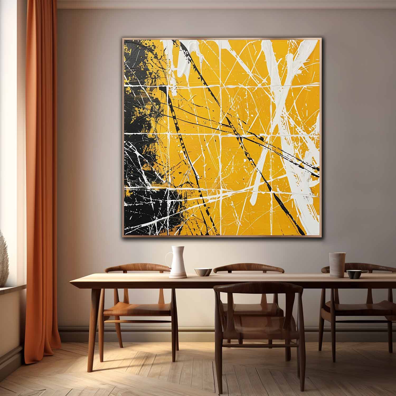 Yellow and Black Abstract Minimalist Canvas Wall Art Yellow and Black Abstract Textured Painting