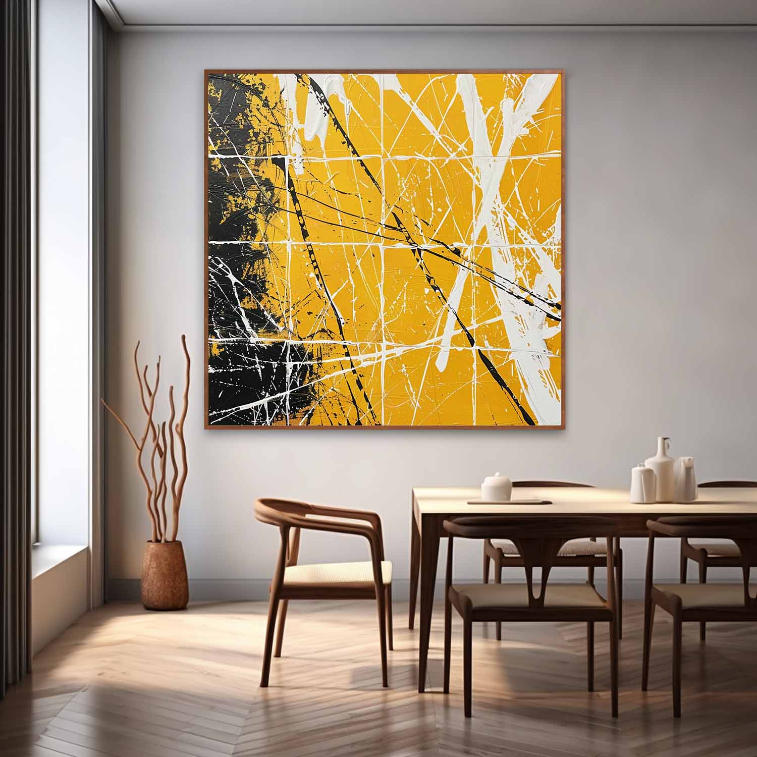 Yellow and Black Abstract Minimalist Canvas Wall Art Yellow and Black Abstract Textured Painting