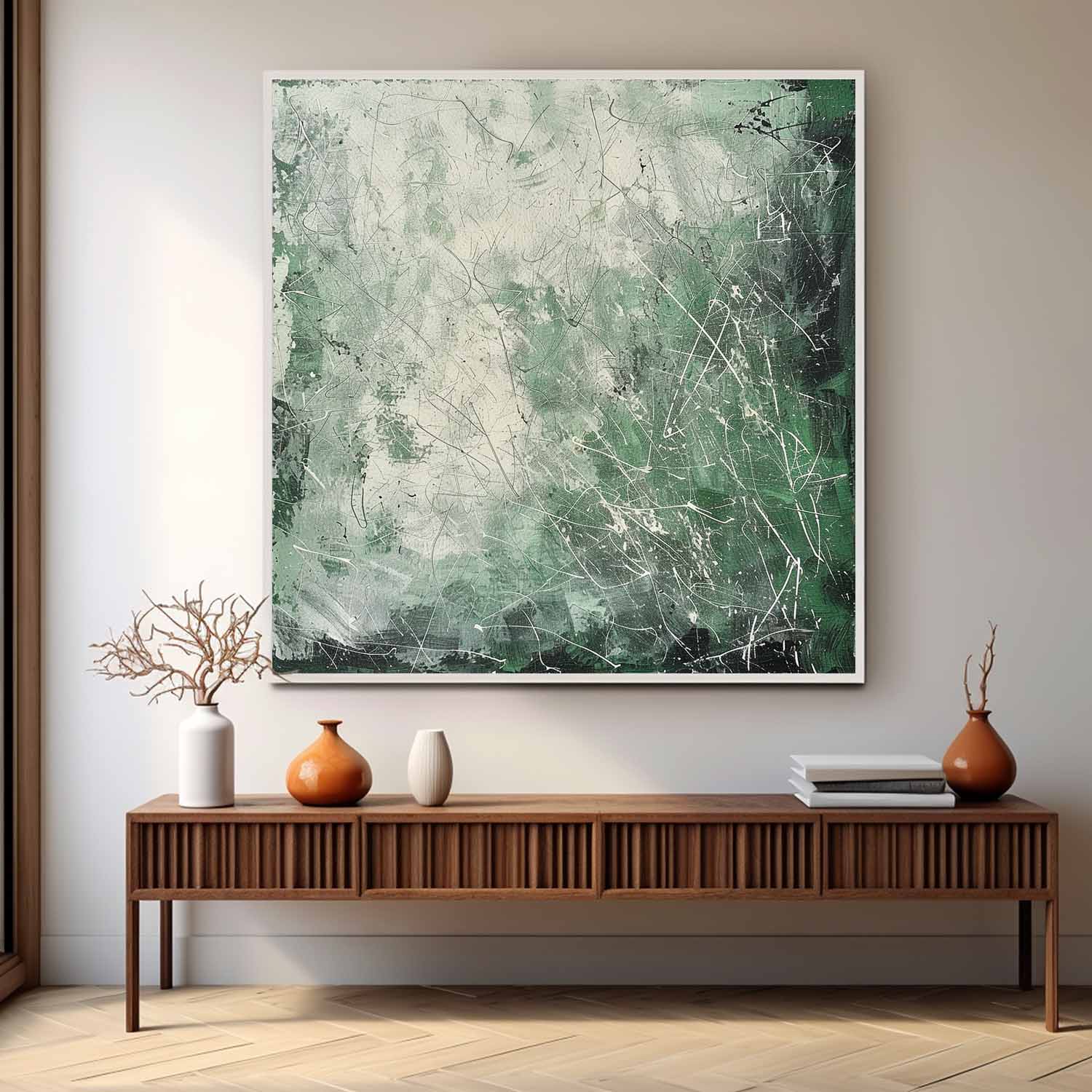 Green Contemporary Lines Wall Decor Painting Green Lines Abstract Canvas Art for Sale