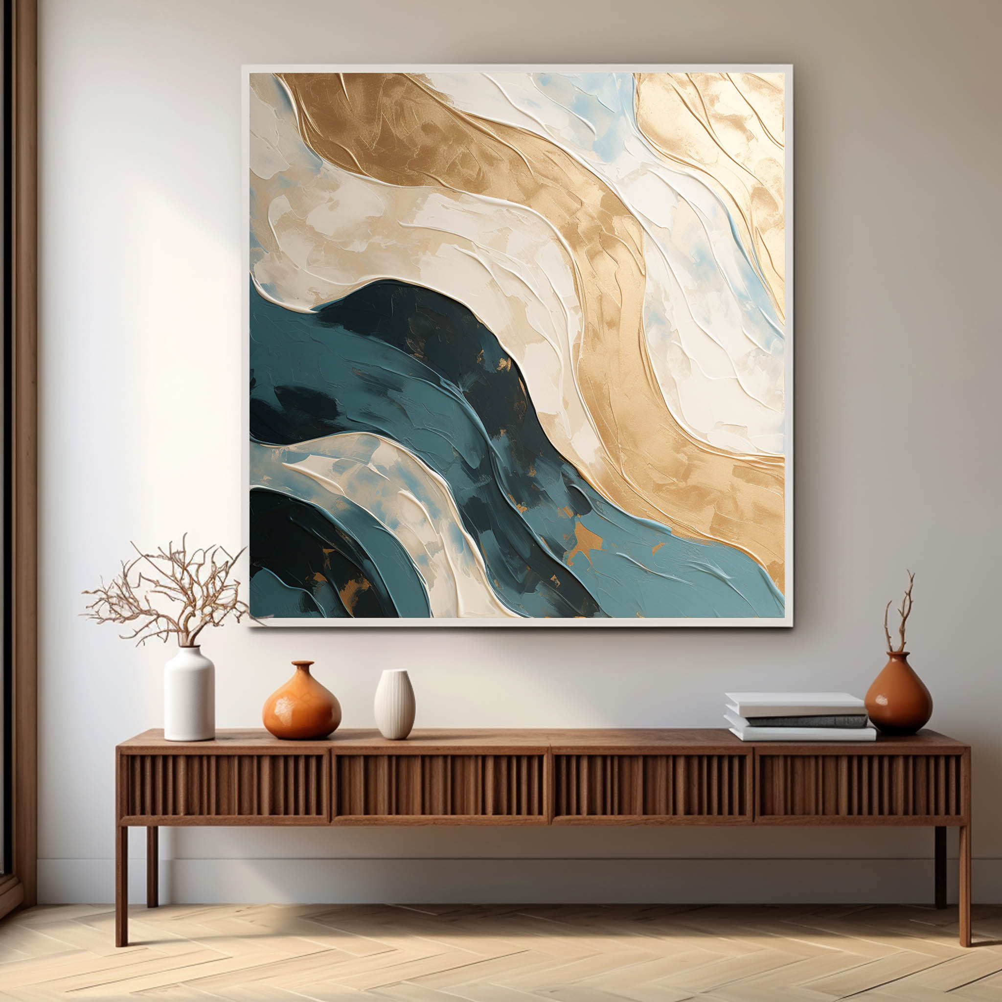 Large Gold and Blue Abstract Wall Art Gold and Blue Texture Painting Gold and Blue Wave Beach Art