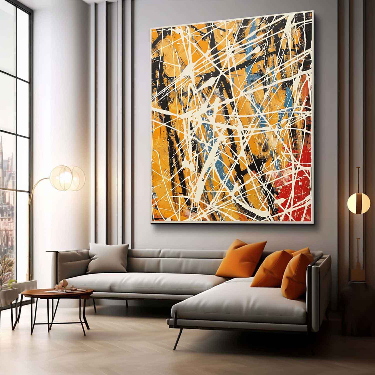 Yellow and White Pollock Abstract Oil Painting Yellow Pollock Abstract Canvas Wall Art Decor