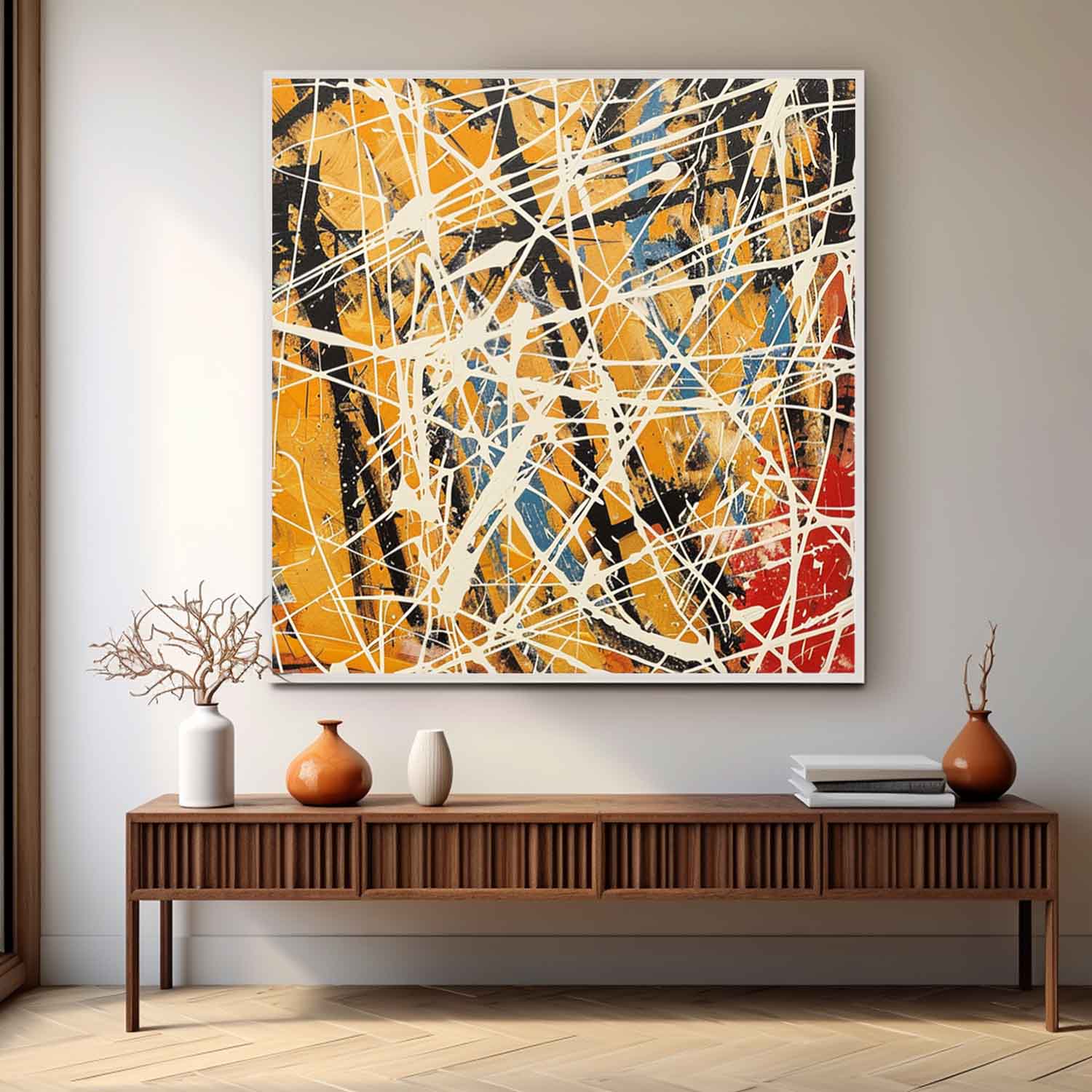 Yellow and White Pollock Abstract Oil Painting Yellow Pollock Abstract Canvas Wall Art Decor