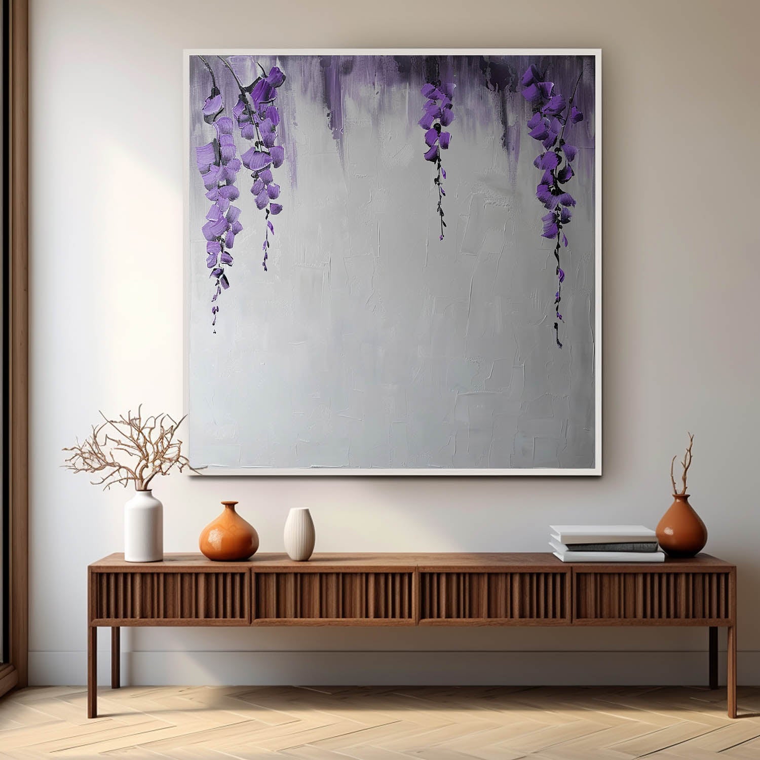 Wisteria Flower Oil Painting for Sale Purple Flowers Textured Canvas Art Purple and Gray Flower Wall Art Decor