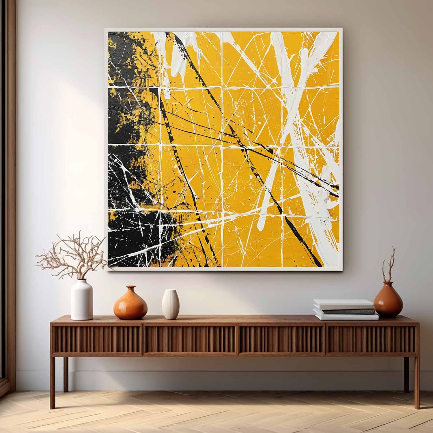 Yellow and Black Abstract Minimalist Canvas Wall Art Yellow and Black Abstract Textured Painting