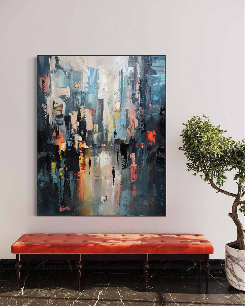 Large Modern City Night Scene Oil Painting Modern City Night Scene Textured Canvas Art for Sale