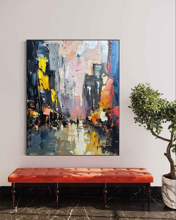 Large Color City Night Scene Oil Painting Color City Night Scene Textured Canvas Art for Sale